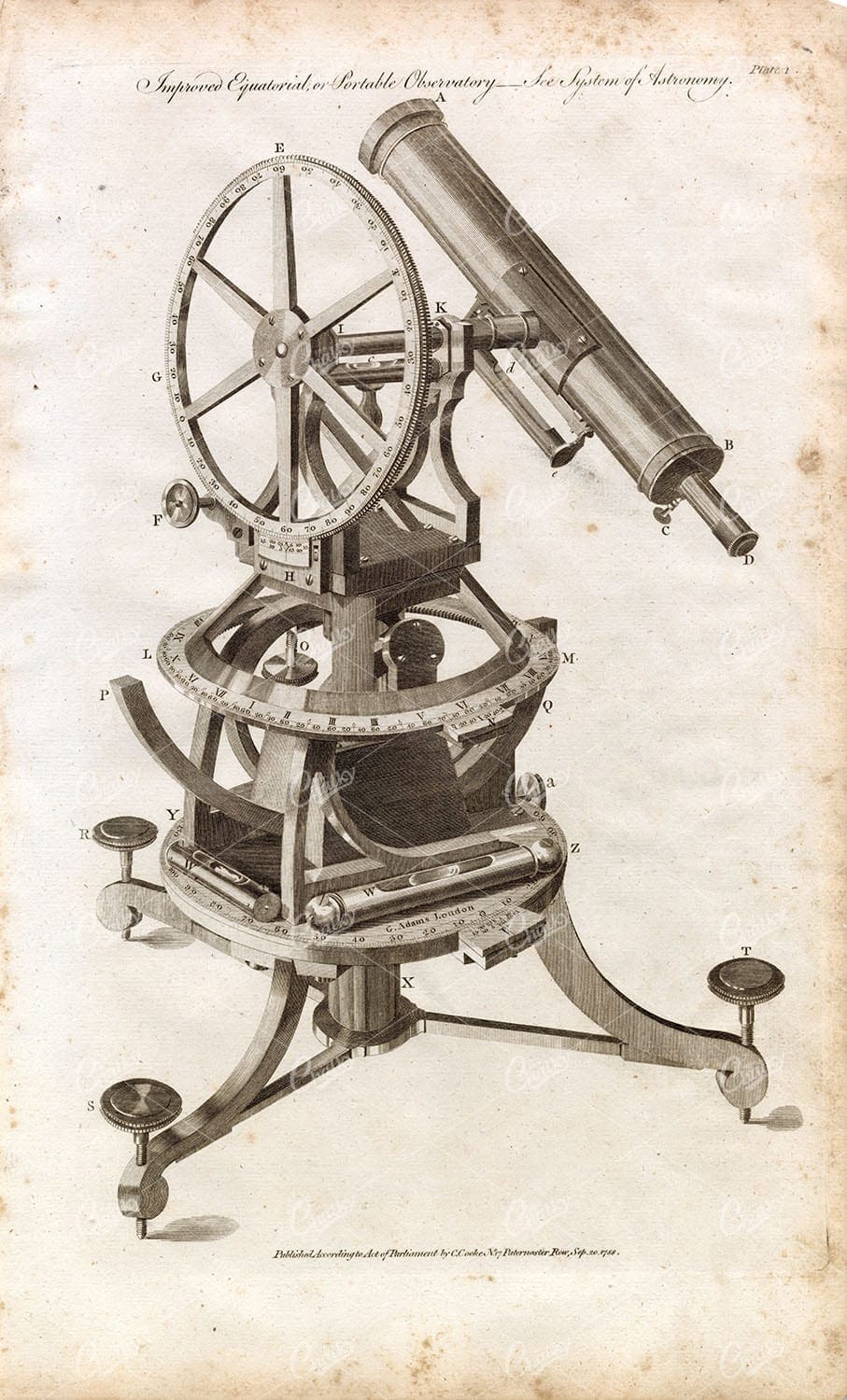 ASTRONOMY - Equatorial or Portable Observatory - 1791 Antique Engraving