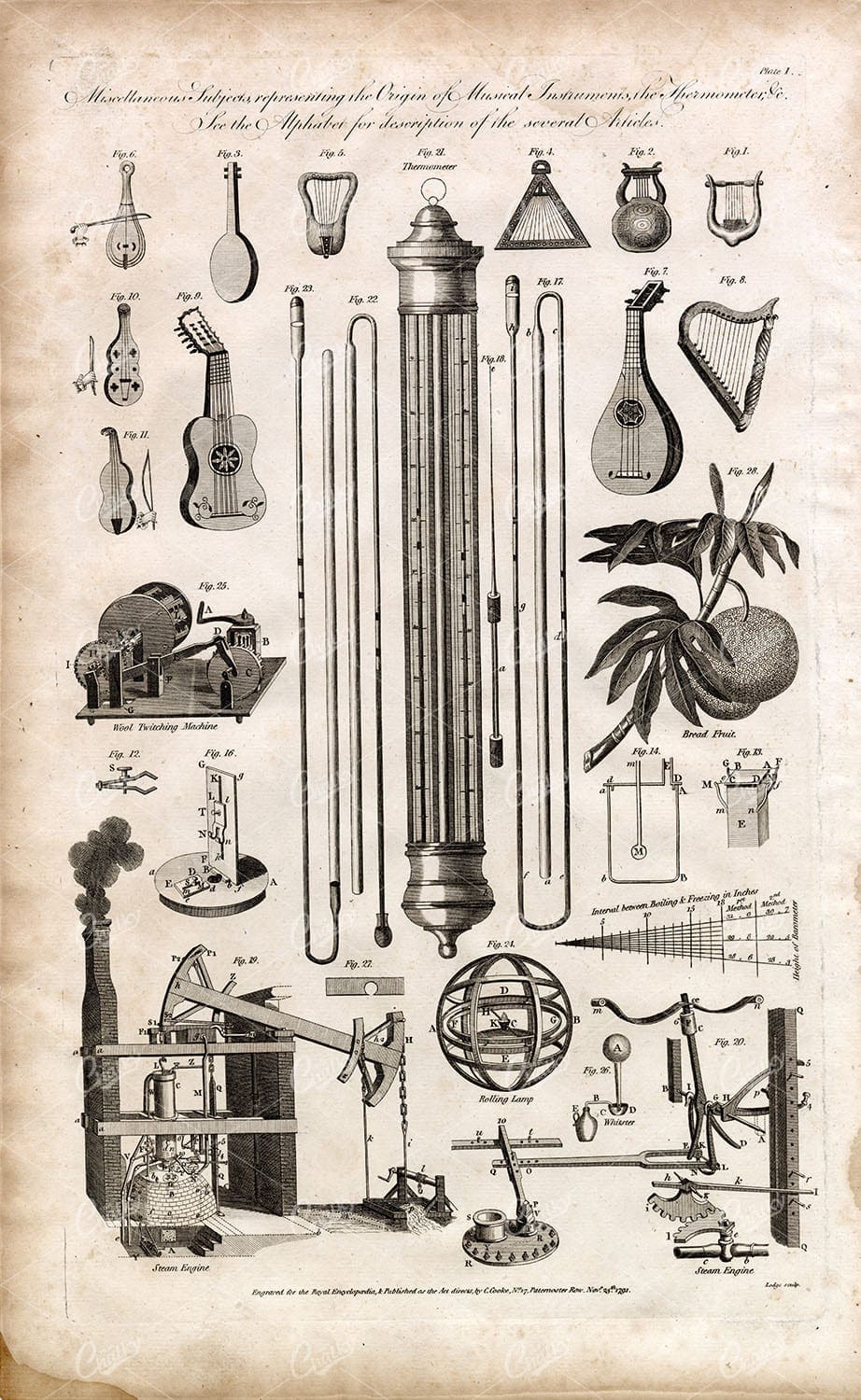 1791 Engraving - Origins of Musical Instruments and the Thermometer