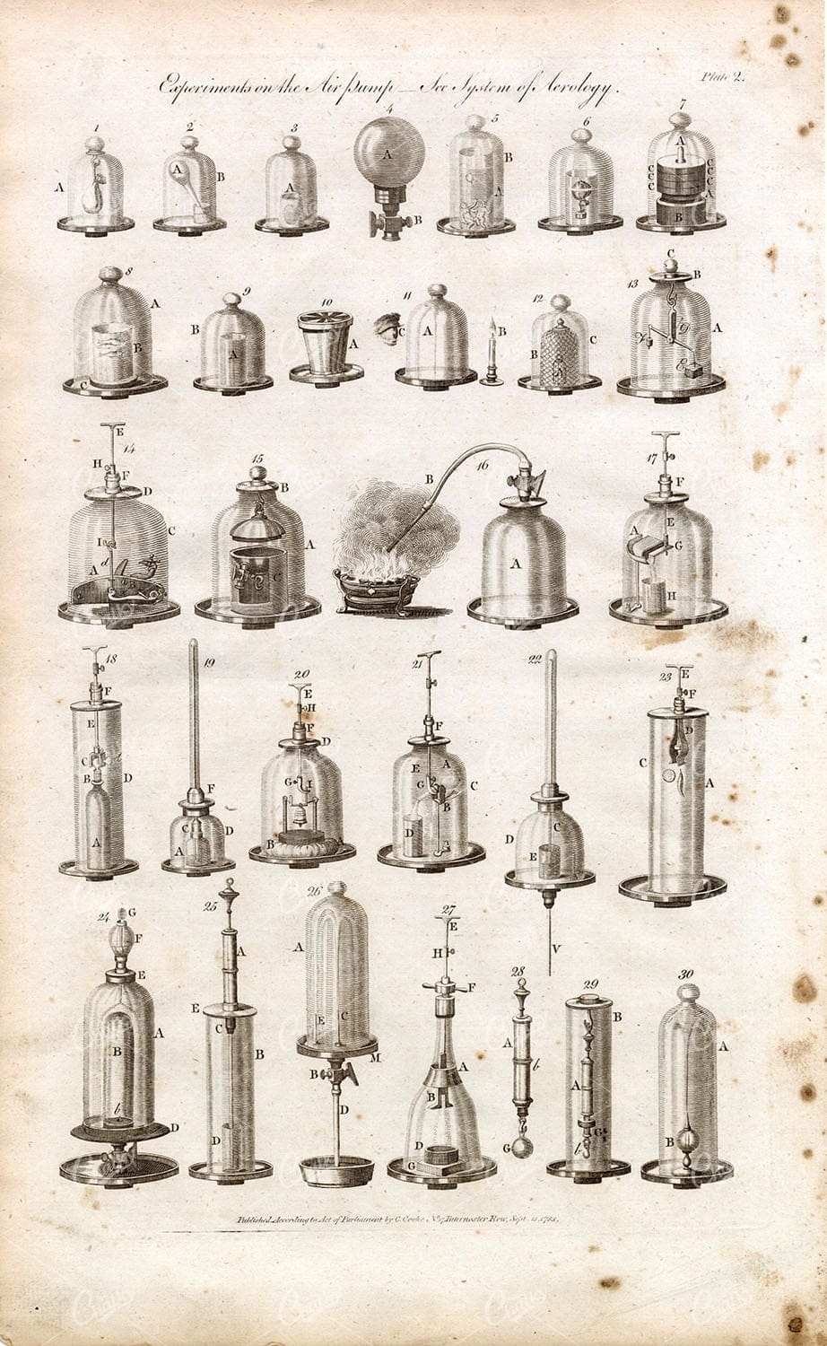 SCIENCE - Experiements on the Air Pump - Antique 1791 Engraving