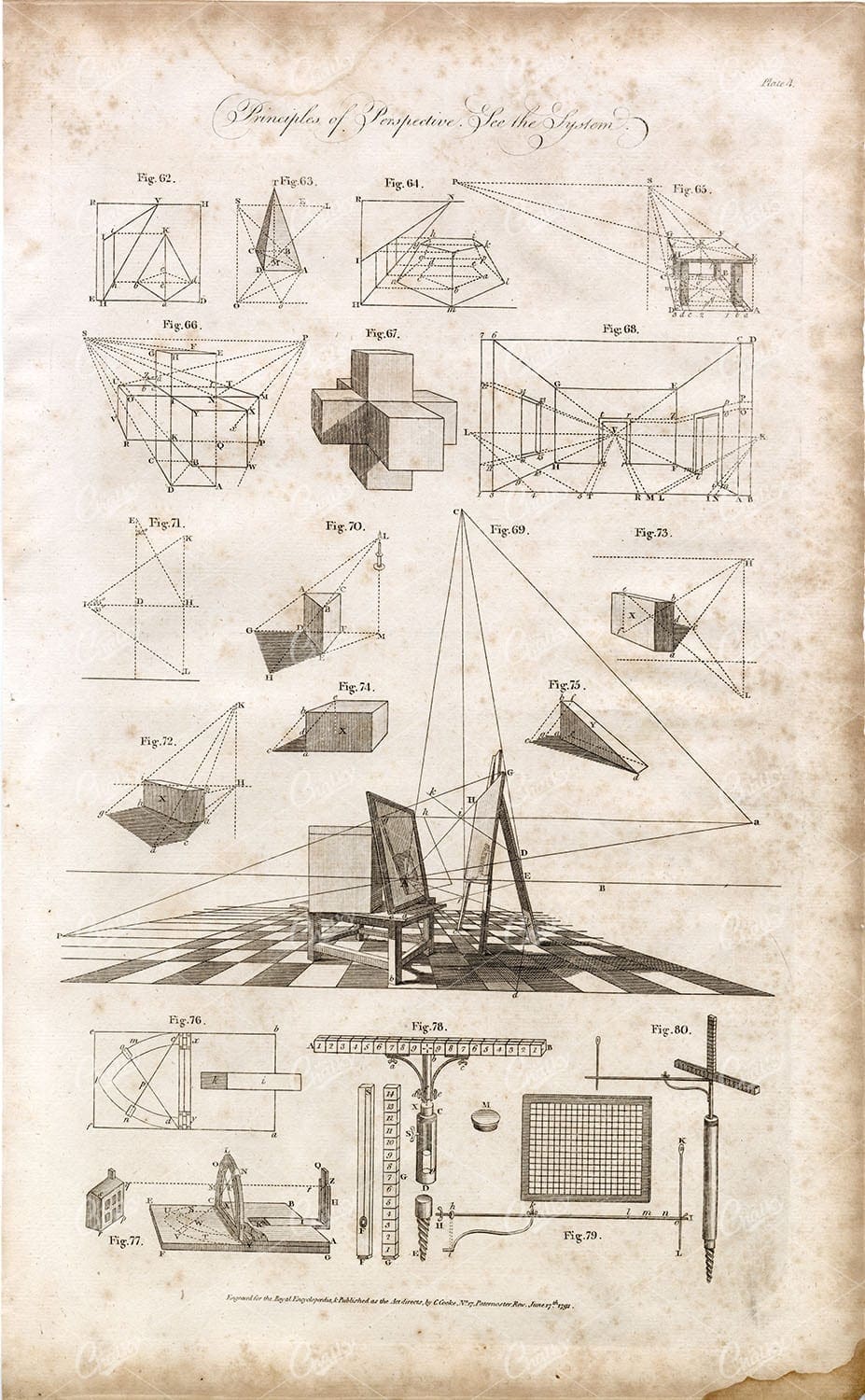 MATHEMATICAL Drawing - Principles of Perspective - Antique 1791 Print
