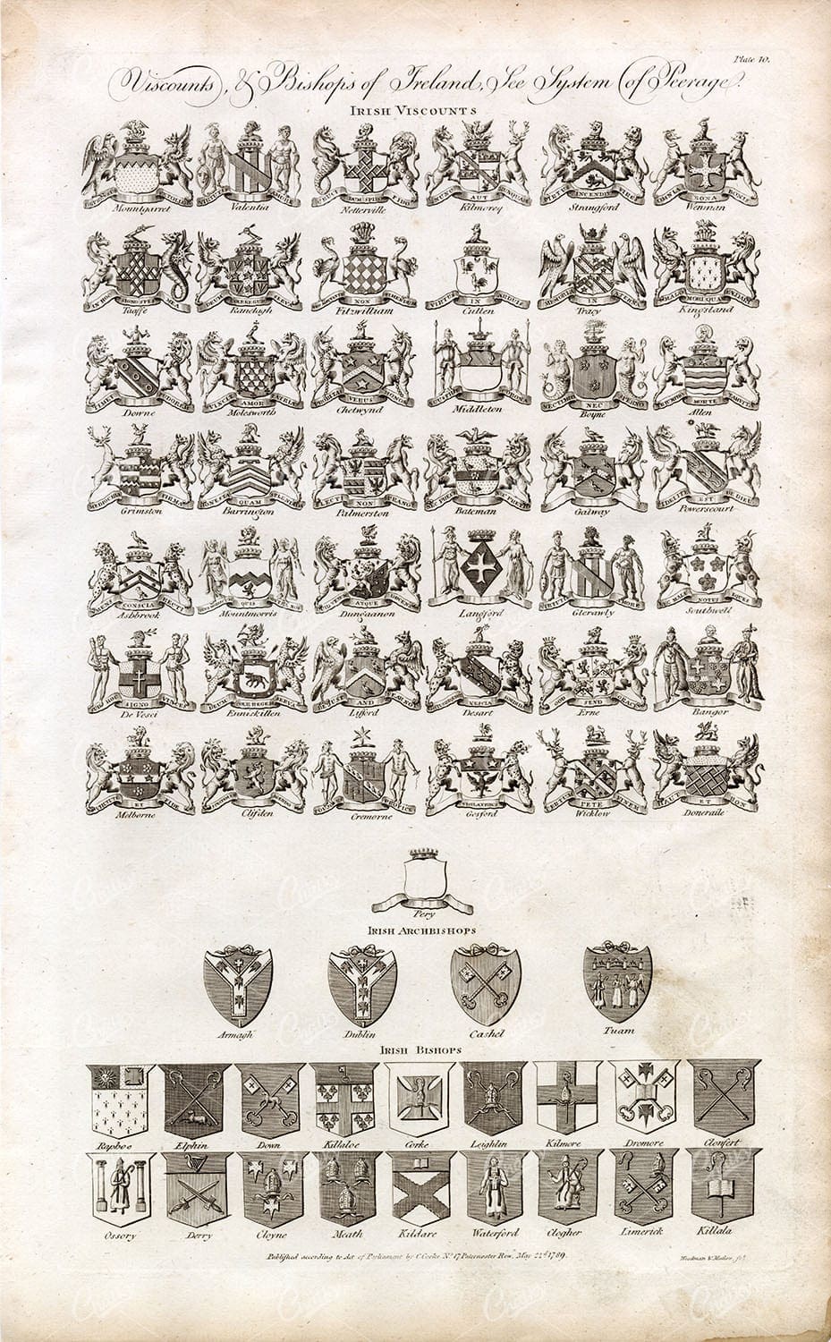 HERALDRY - Viscounts & Bishops of Ireland - Irish Viscounts 1791 Print