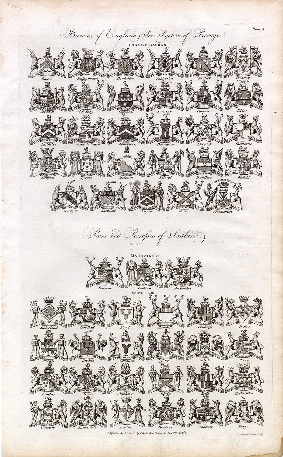 HERALDRY - Barons of England, Peers and Peeresses of Scotland - 1791 Print
