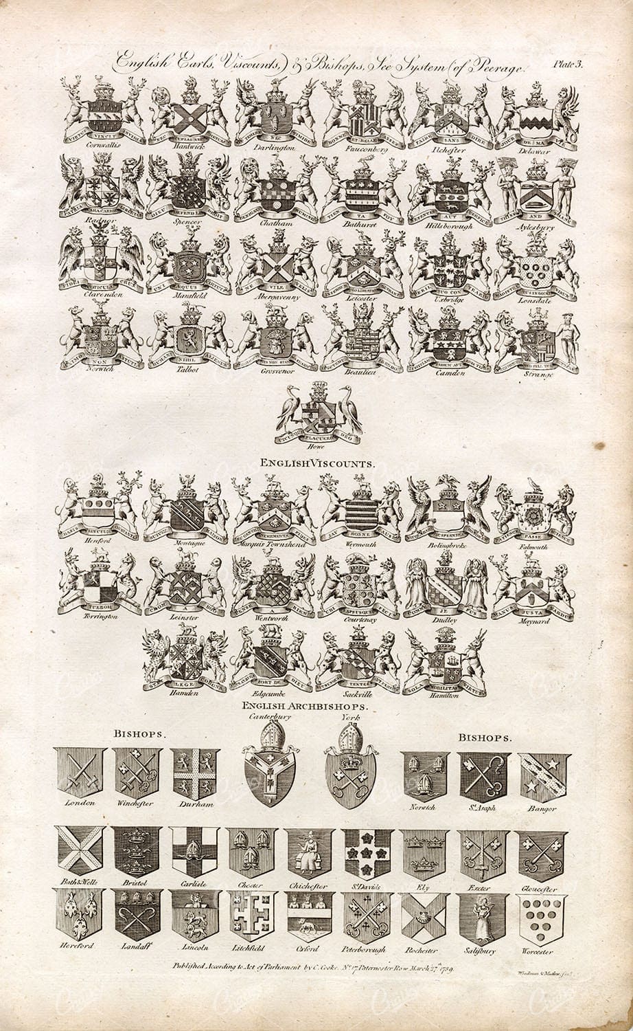 ENGLISH Earls, Viscounts & Bishops - Antique HERALDRY 1791 Original Print