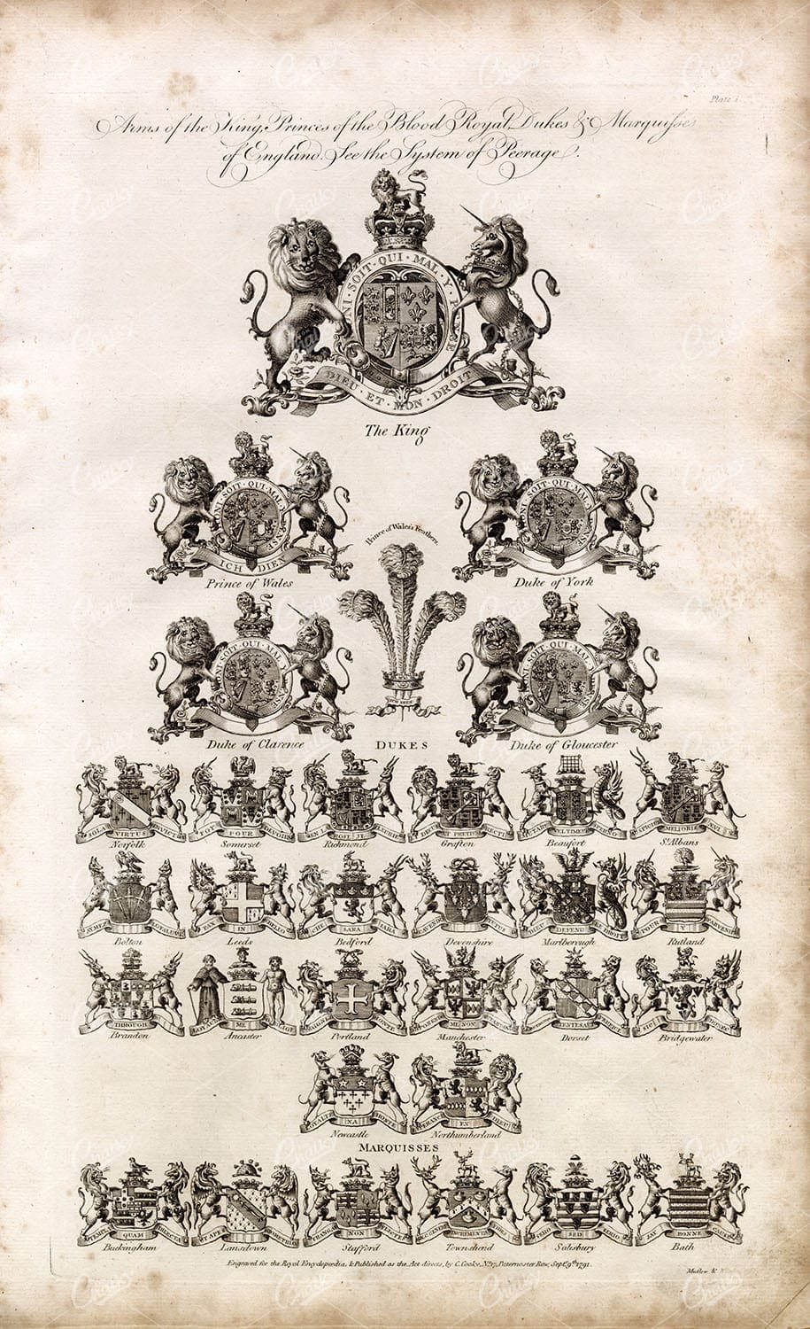 ENGLISH HERALDRY - Arms of King, Prince, Dukes & Marquisses - 1791 Print