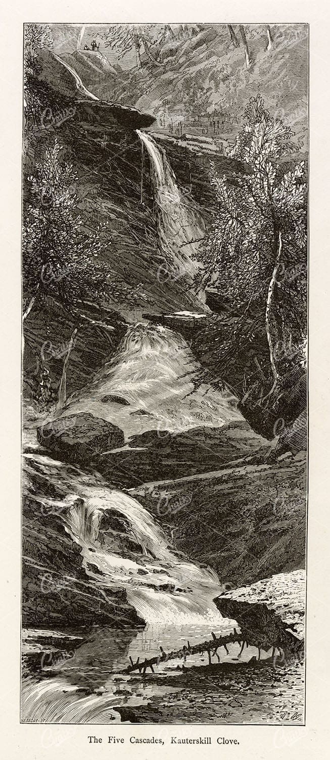 NEW YORK - The Five Cascades, Kaaterskill Clove - Antique 1874 Print