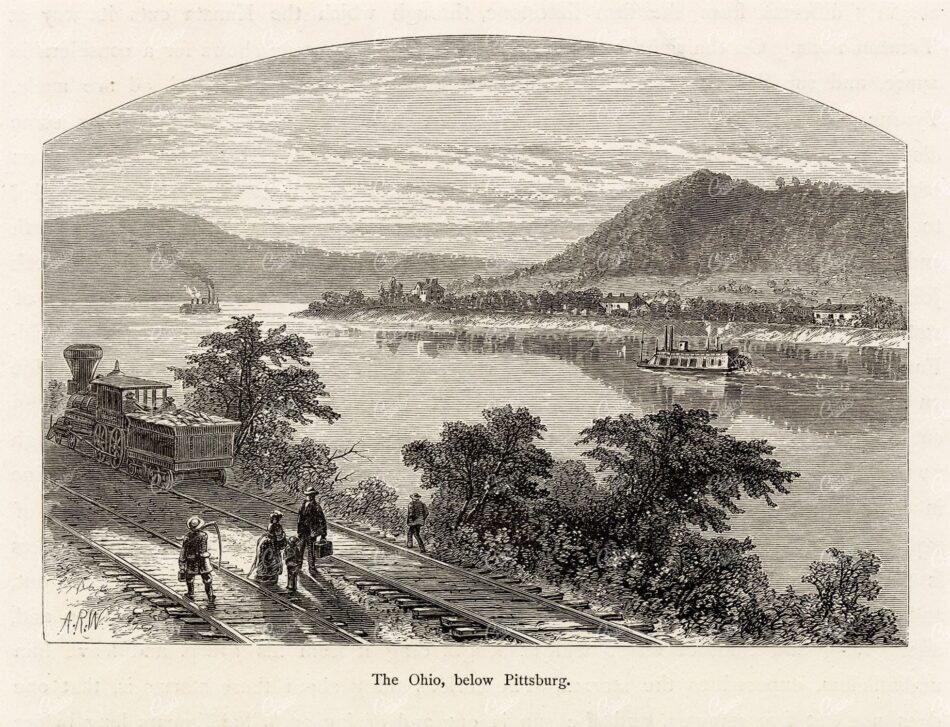 RIVER - The OHIO River below Pittsburg - Antique America 1874 Print