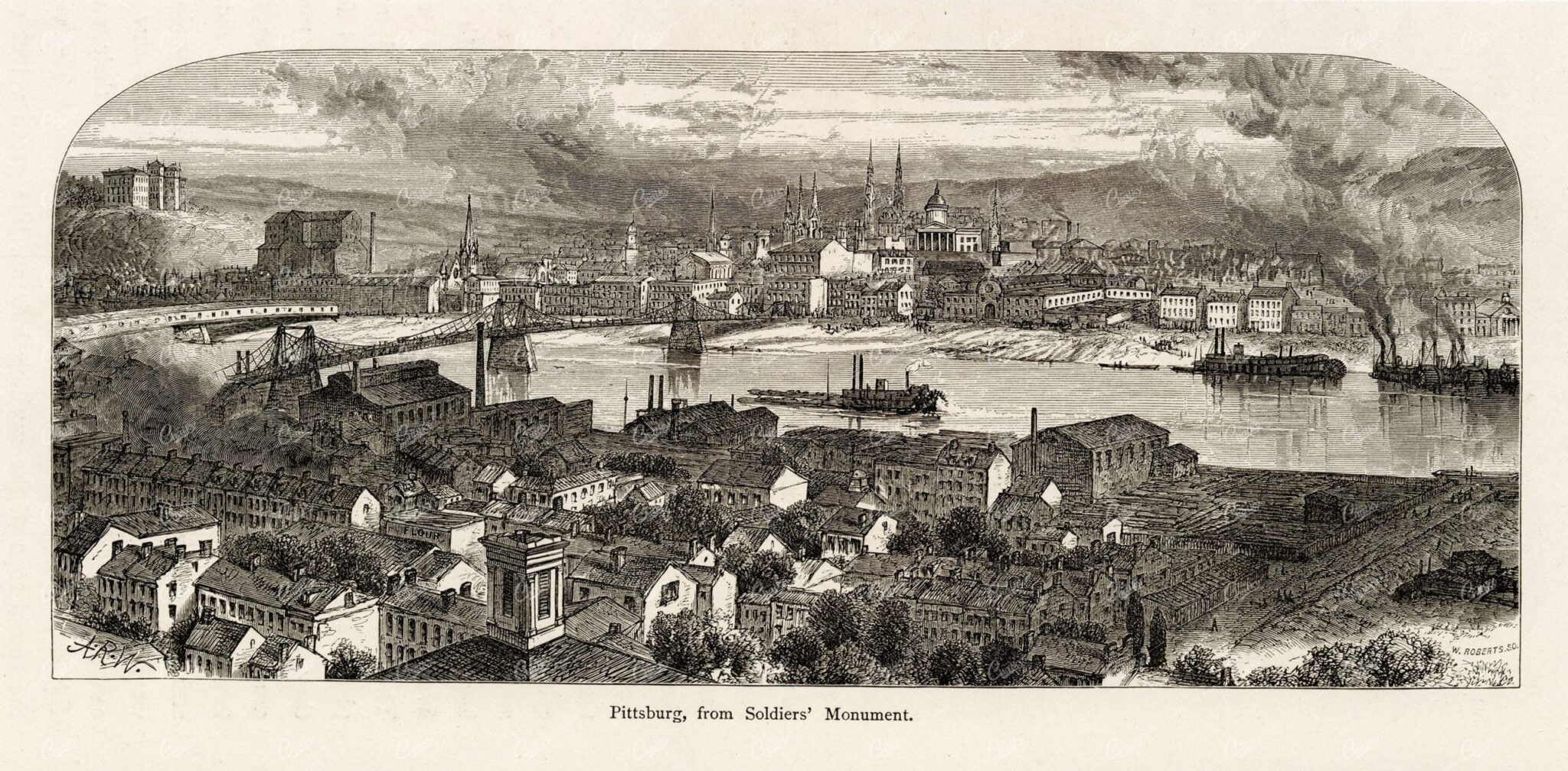 PITTSBURG from Soldiers' Monument - Antique Americana Print 1874