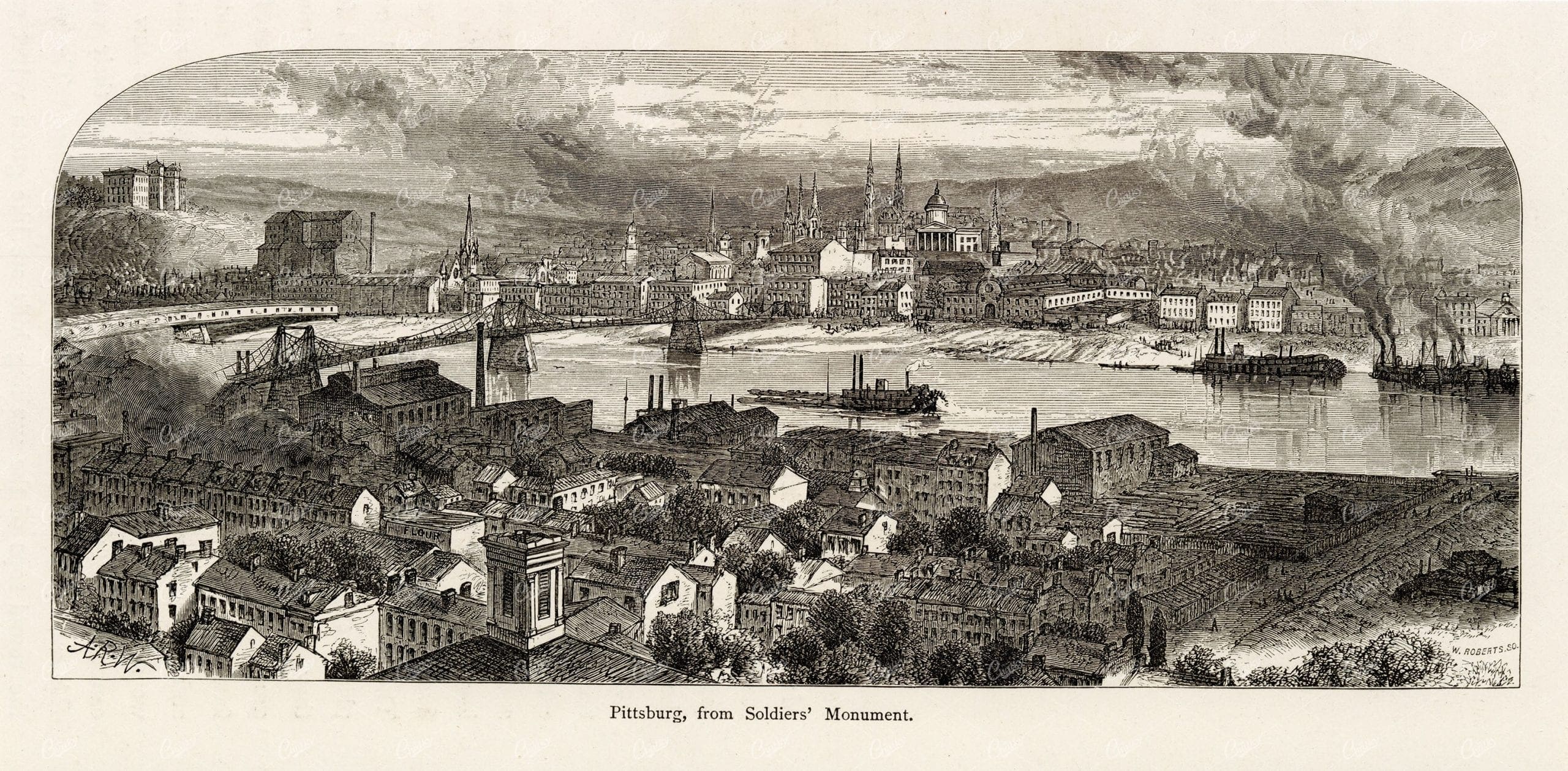 PITTSBURG from Soldiers' Monument - Antique Americana Print 1874