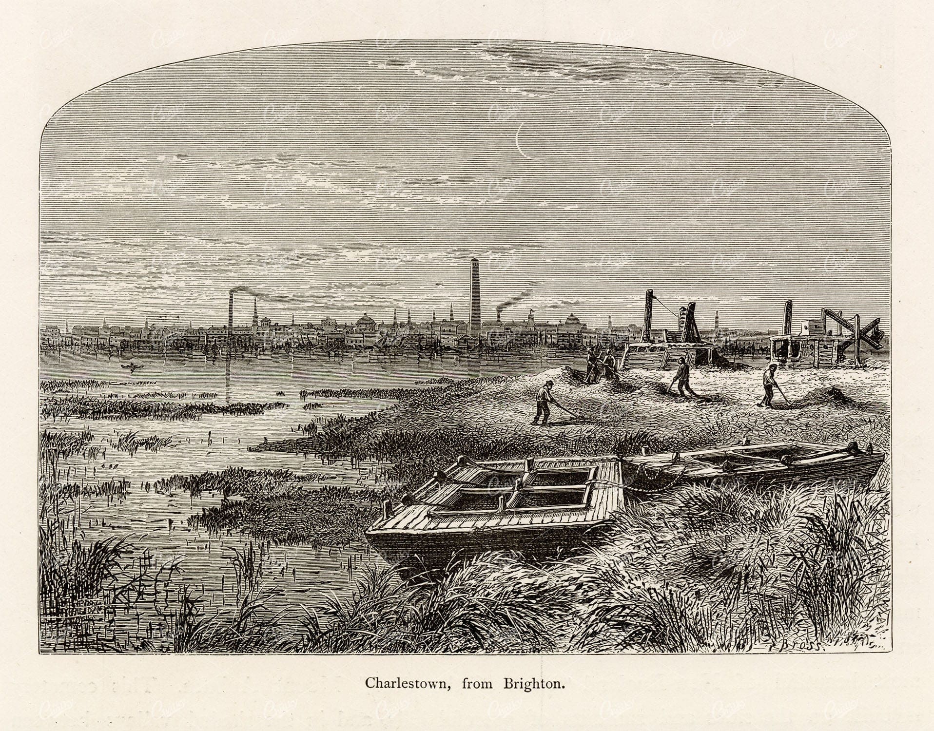 CHARLESTOWN from Brighton - Antique American Landscape/Seascape 1874