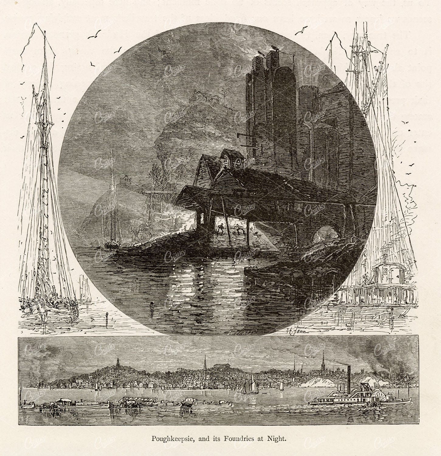 POUGHKEEPSIE and its Foundries at Night - Antique American 1874 Print