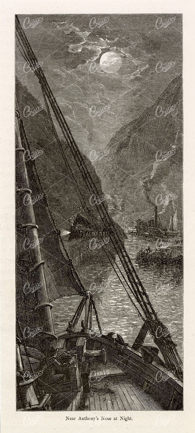 HUDSON Valley - Near Anthony's Nose at Night - Sailboat - Old America