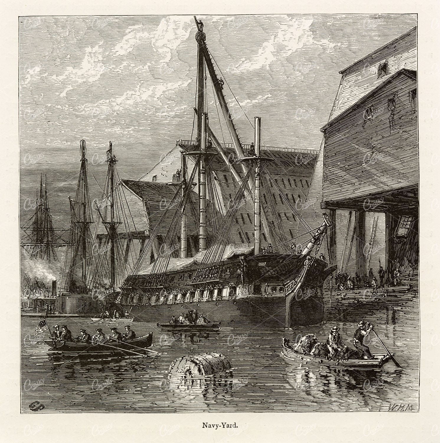 NAVY - Old American Naval Yard Engraving - 1874 Americana