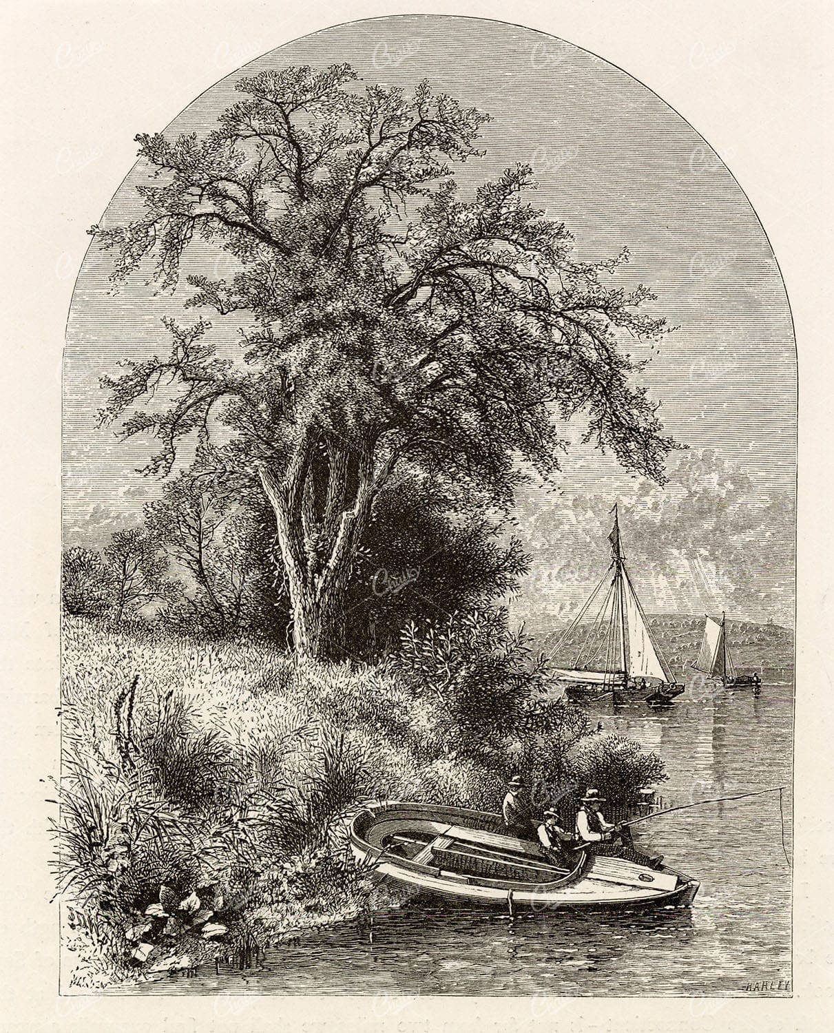 ANTIQUE American Print - Fisherman, Sailboats on Lake  - 1874 America