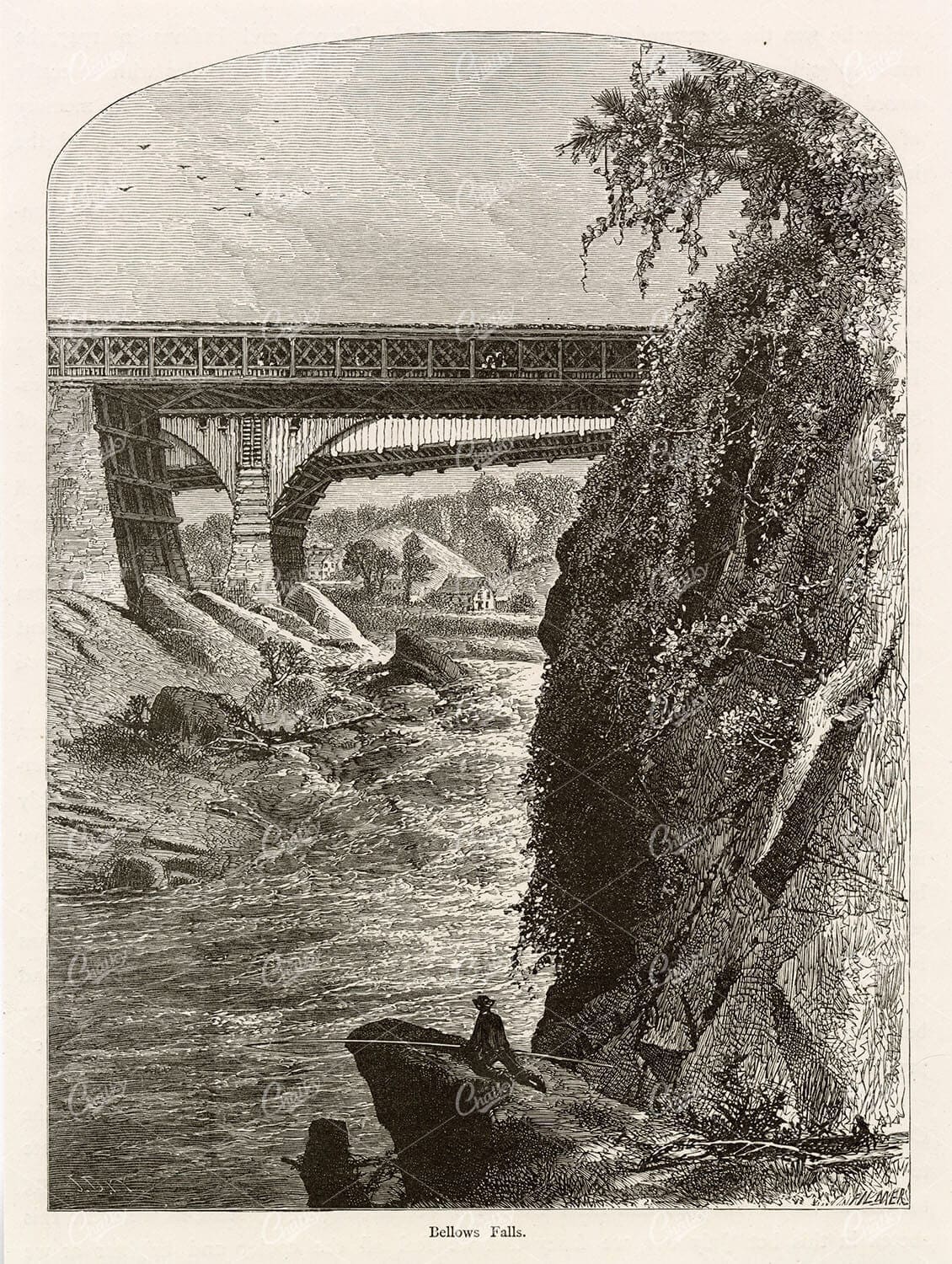 VERMONT - Bellows Falls - 1874 American Landscape Engraving