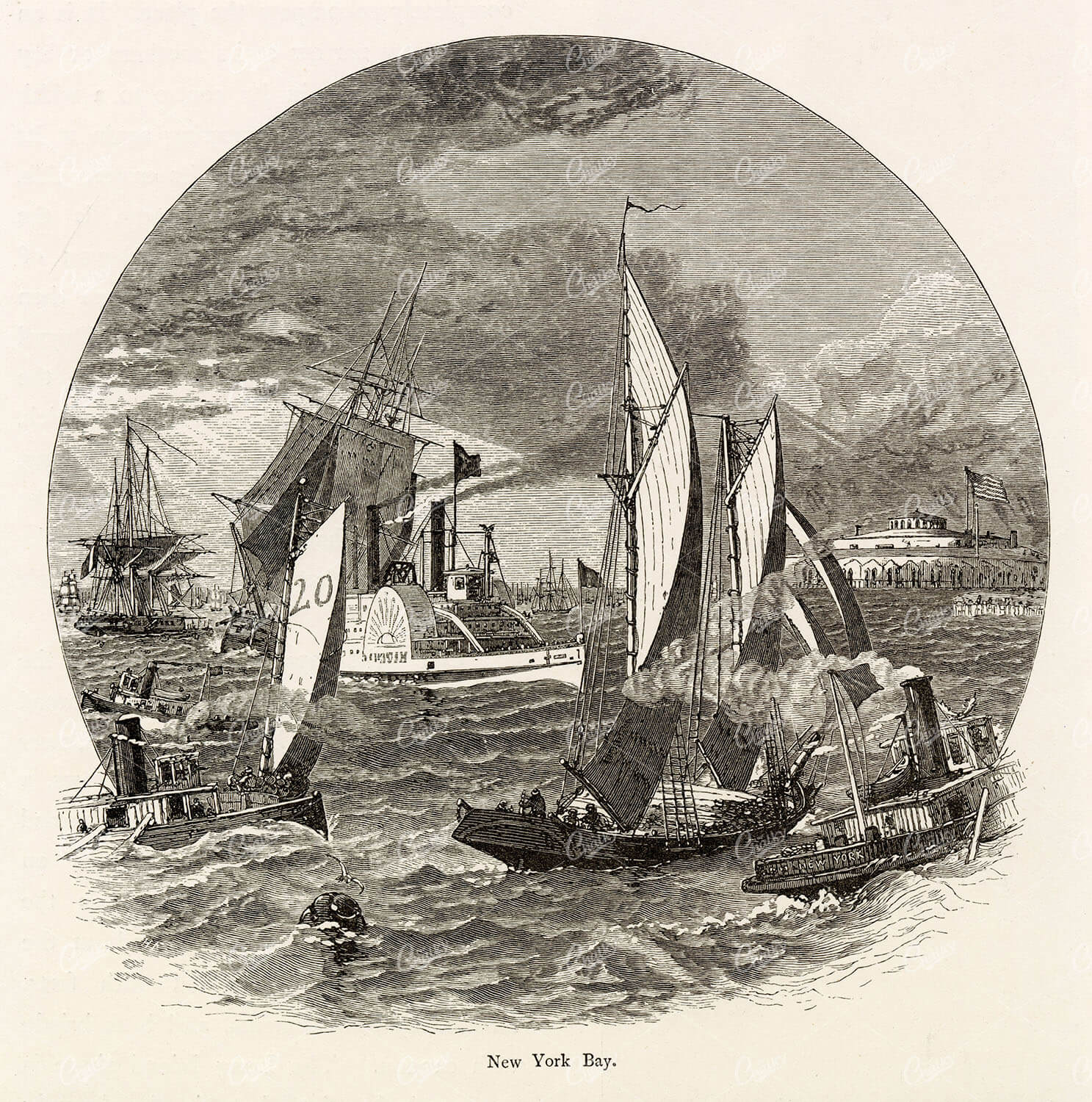 NEW YORK BAY - Antique American Seascape Engraving 1874