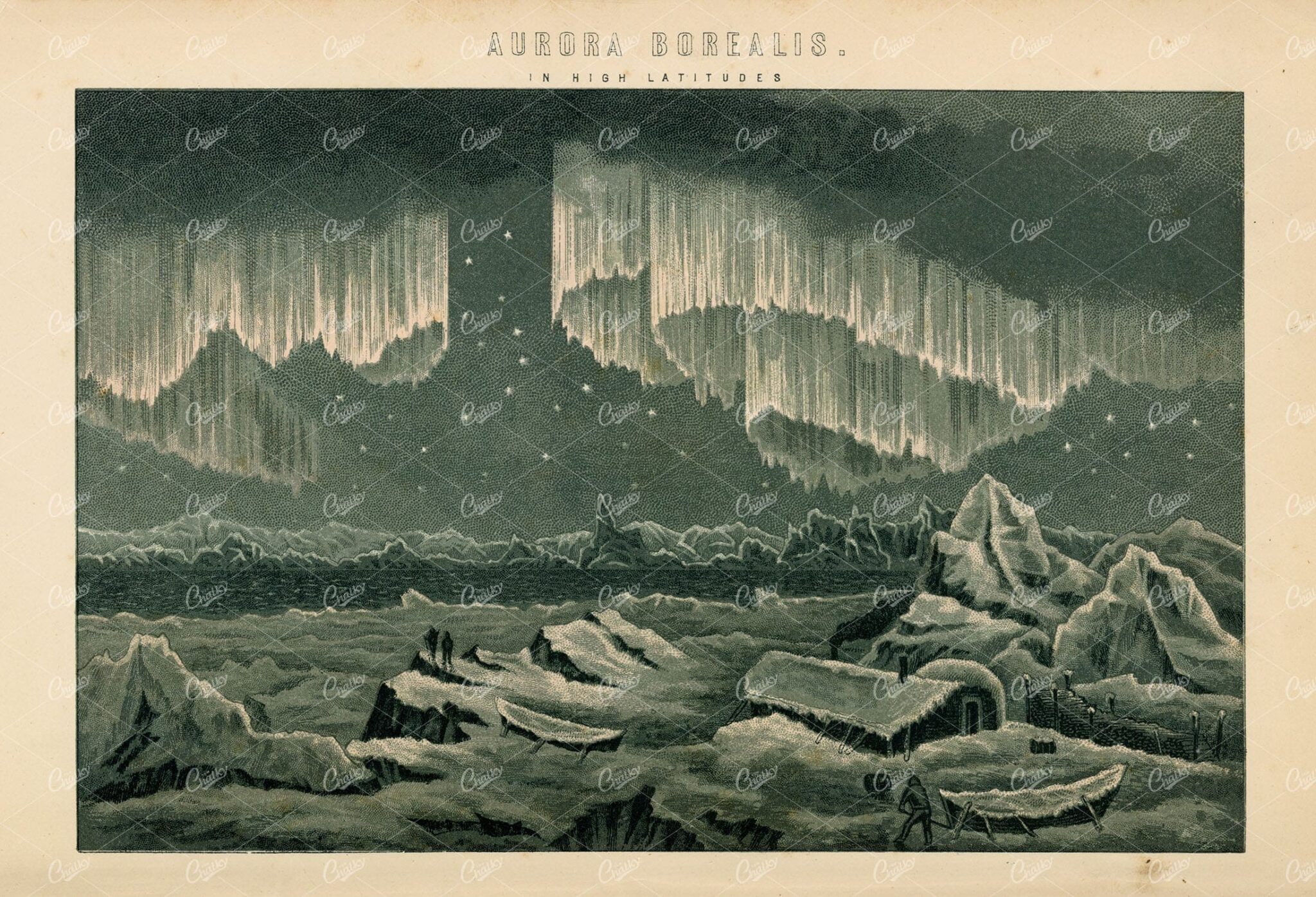 AURORA Borealis in High Latitudes, Antique 1880's Illustration