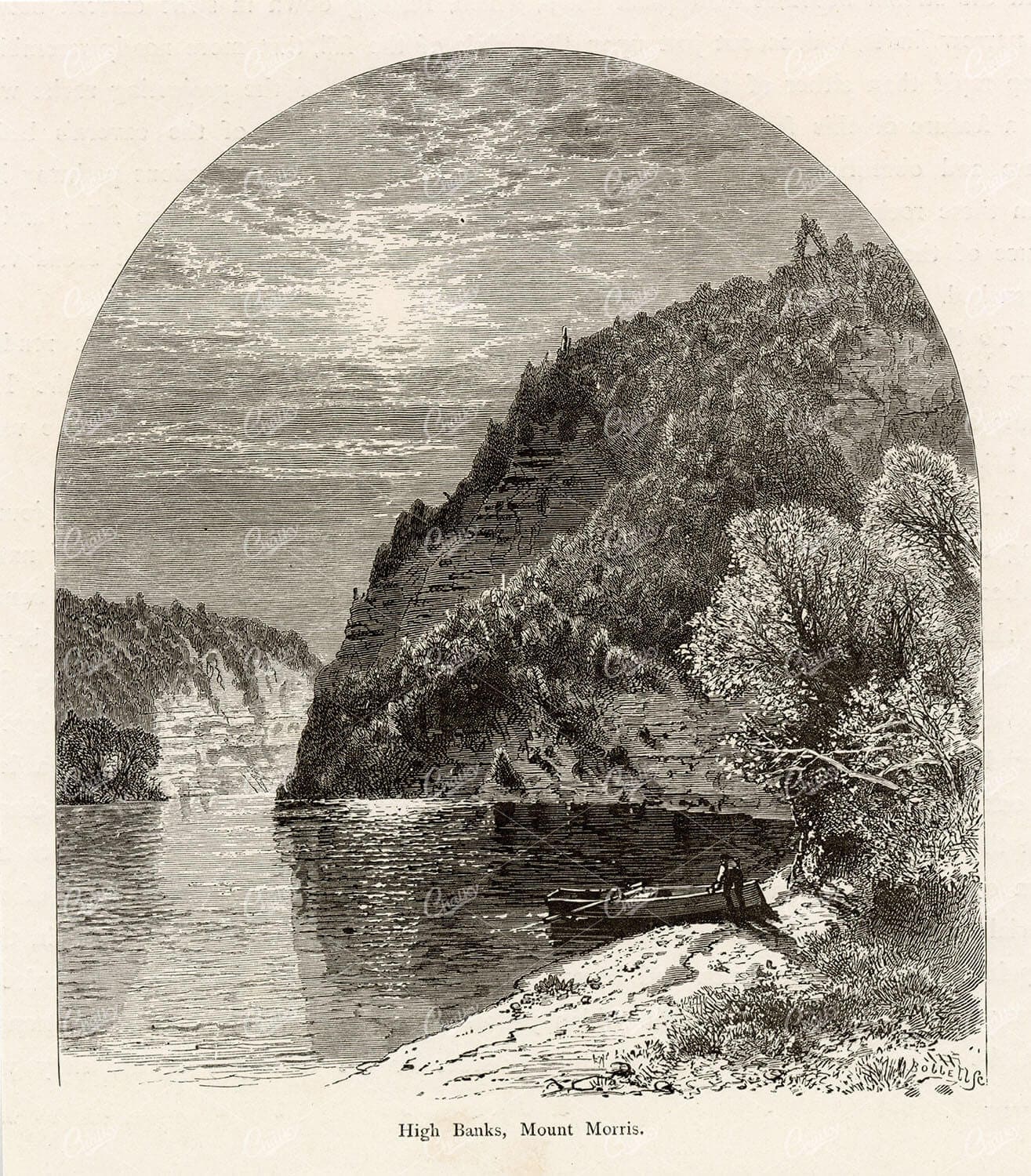 NEW YORK - High Banks, Mount Morris - Picturesque America 1874 Engraving