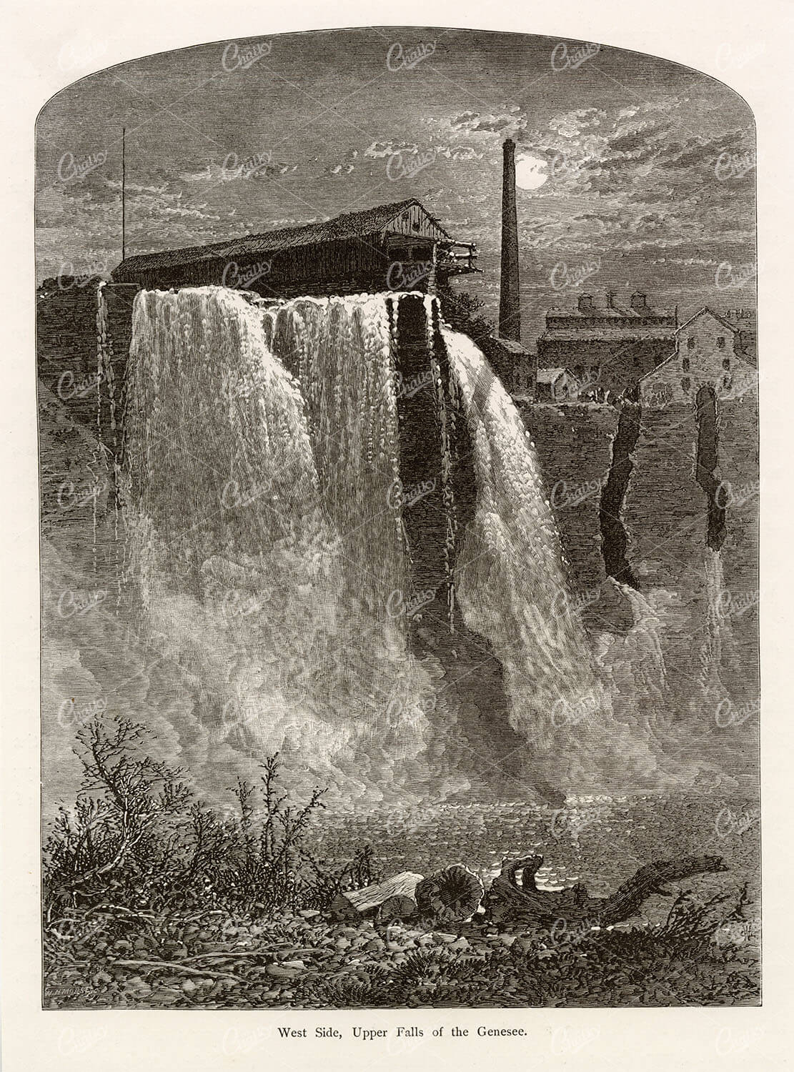 NEW YORK - West Side, Upper Falls of the Genesee - Old American Print