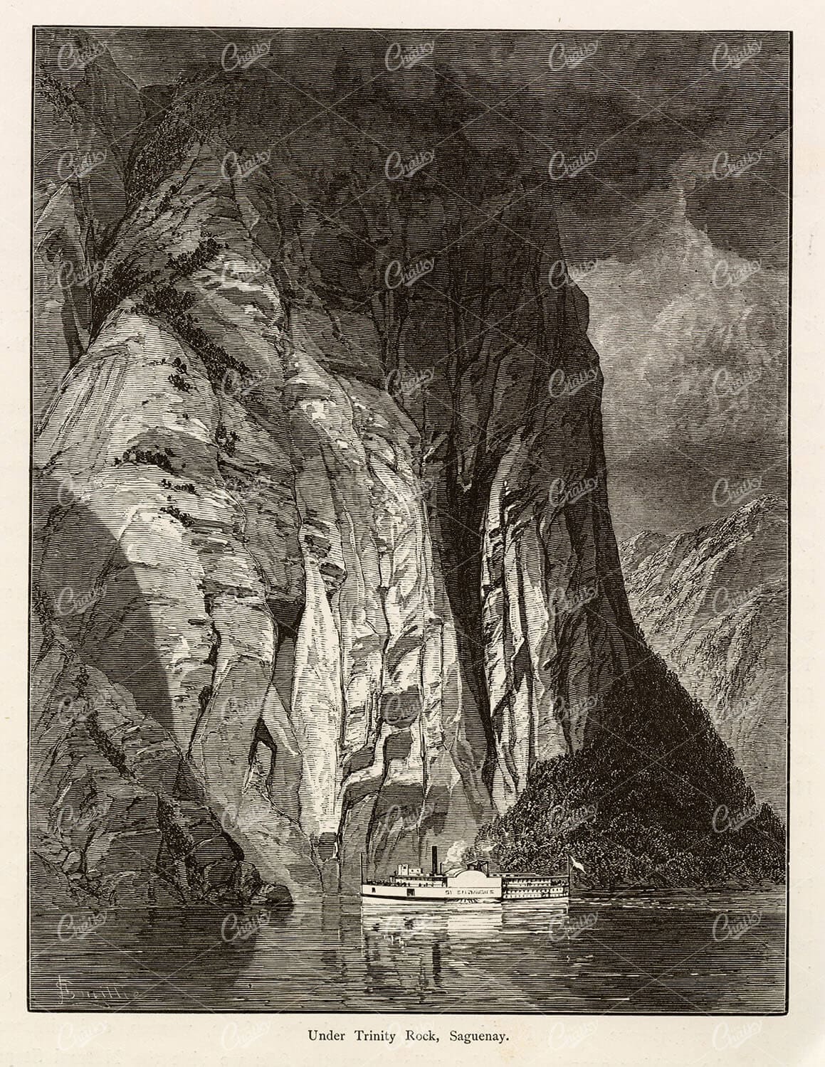 ANTIQUE Print Under Trinity Rock, Saguenay, Quebec - Picturesque America