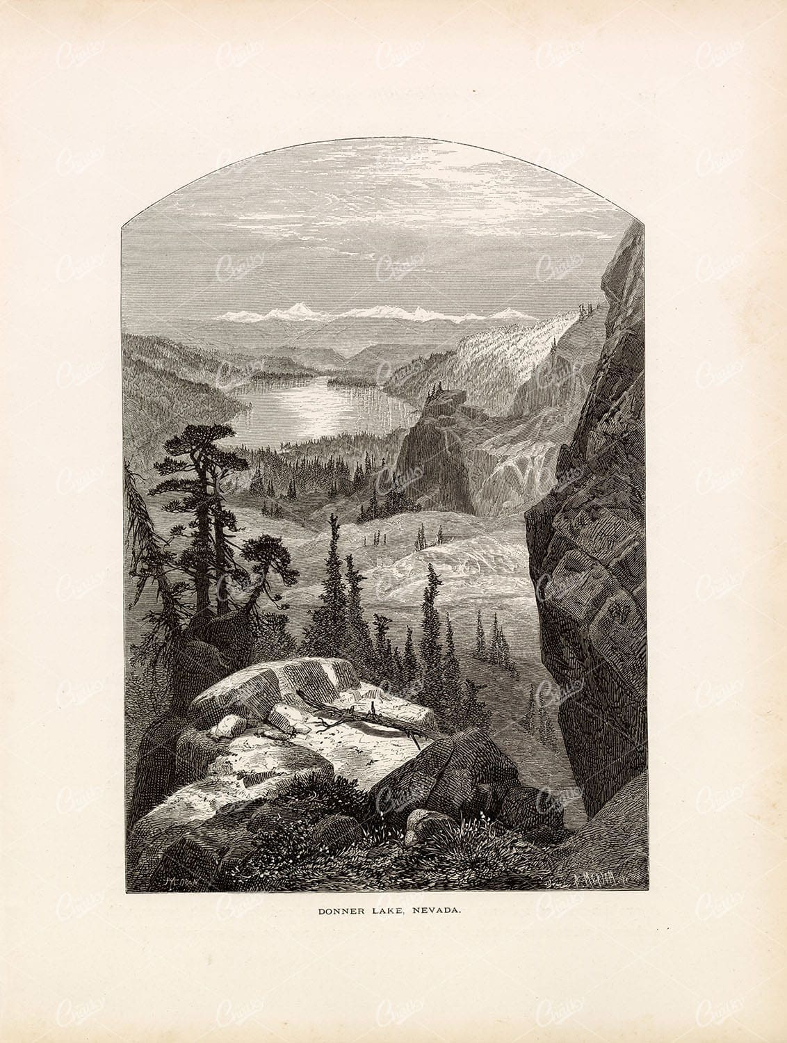 NEVADA - Donner Lake - Picturesque Lake Landscape Engraving 1874