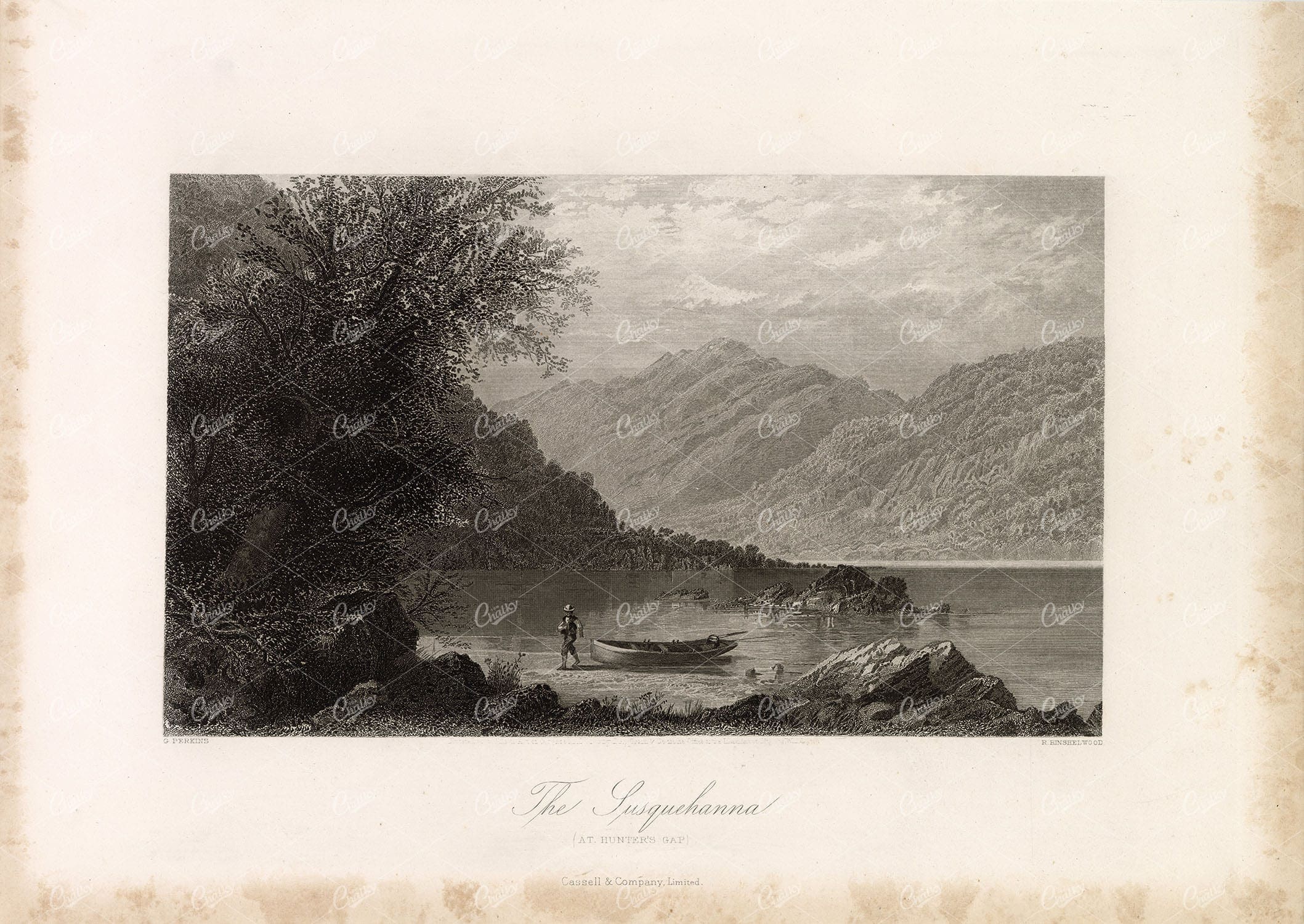 SUSQUEHANNA River - At Hunters' Gap - Man and Row Boat Antique Print