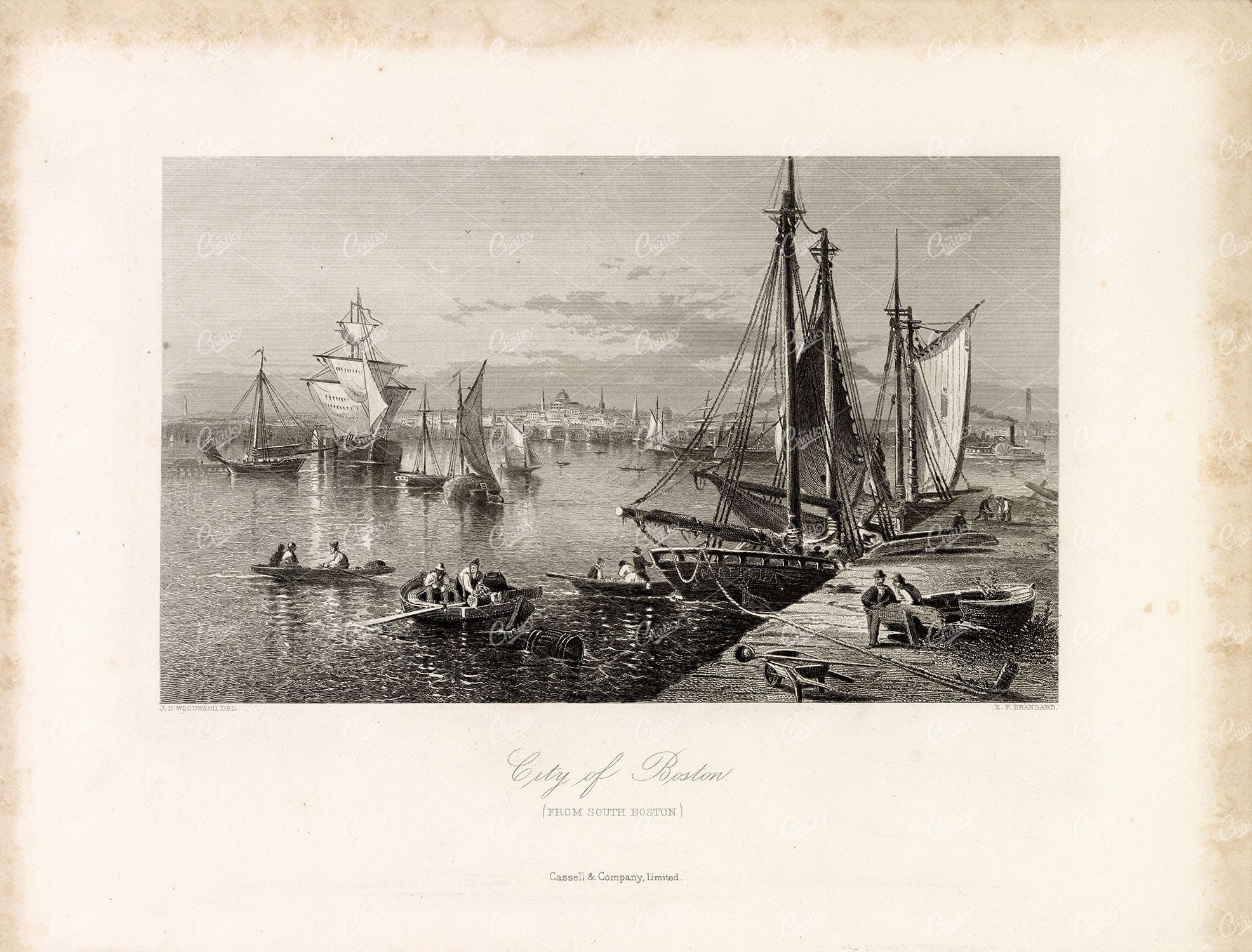CITY OF BOSTON - From South Boston - Sailboats, Rowboats, Seascape 1874