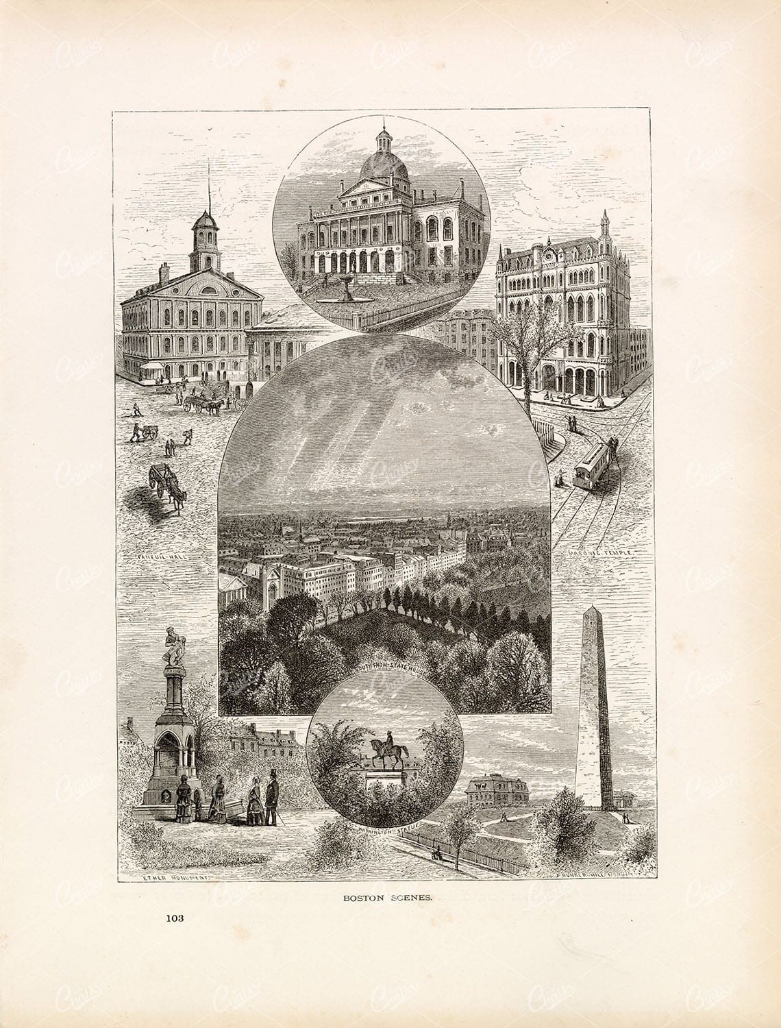 CITY OF BOSTON - America - Various Scenes - 1874 Landscape Engraving