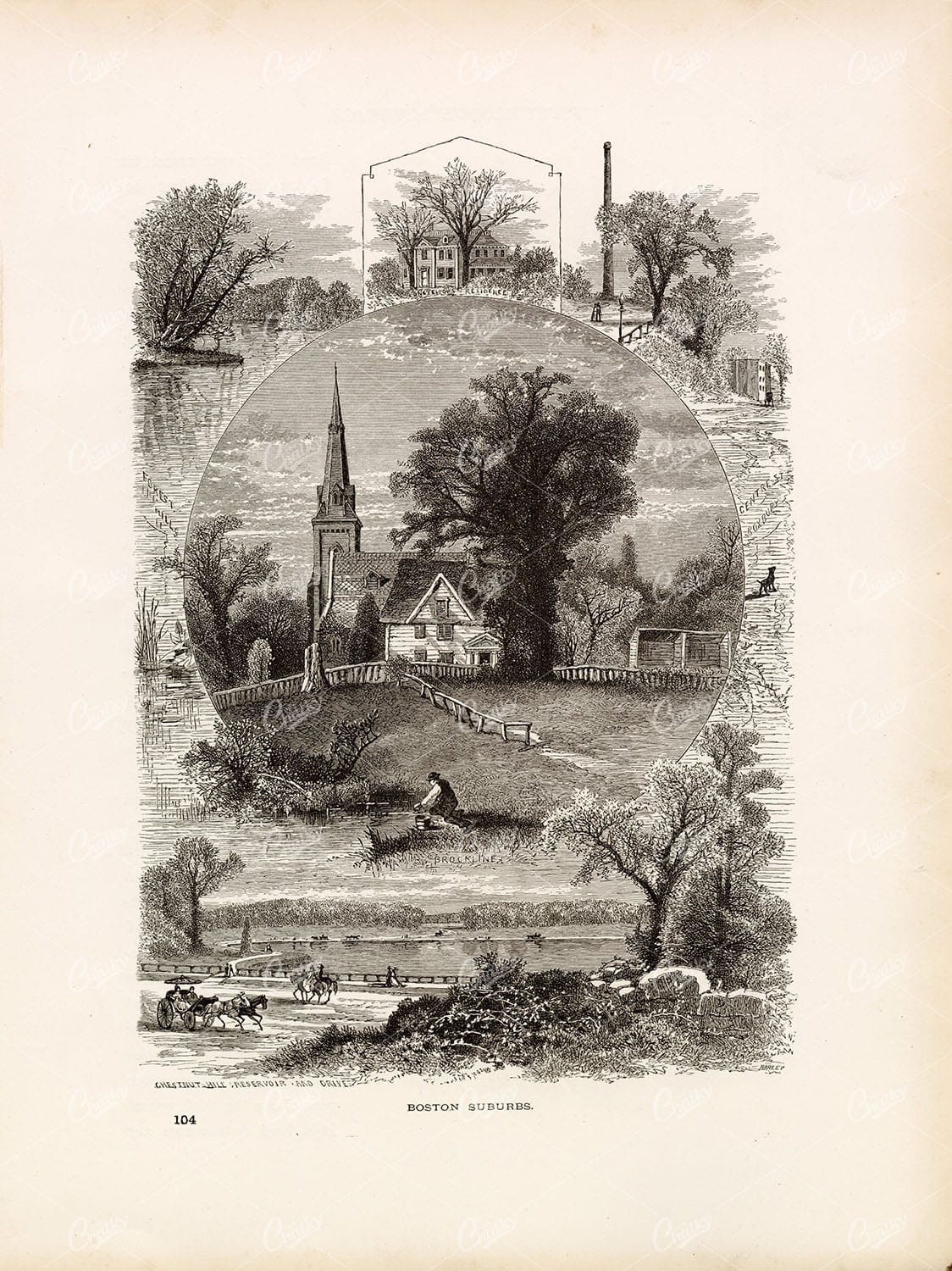 BOSTON SUBURBS - Antique American Landscape Engraving 1874