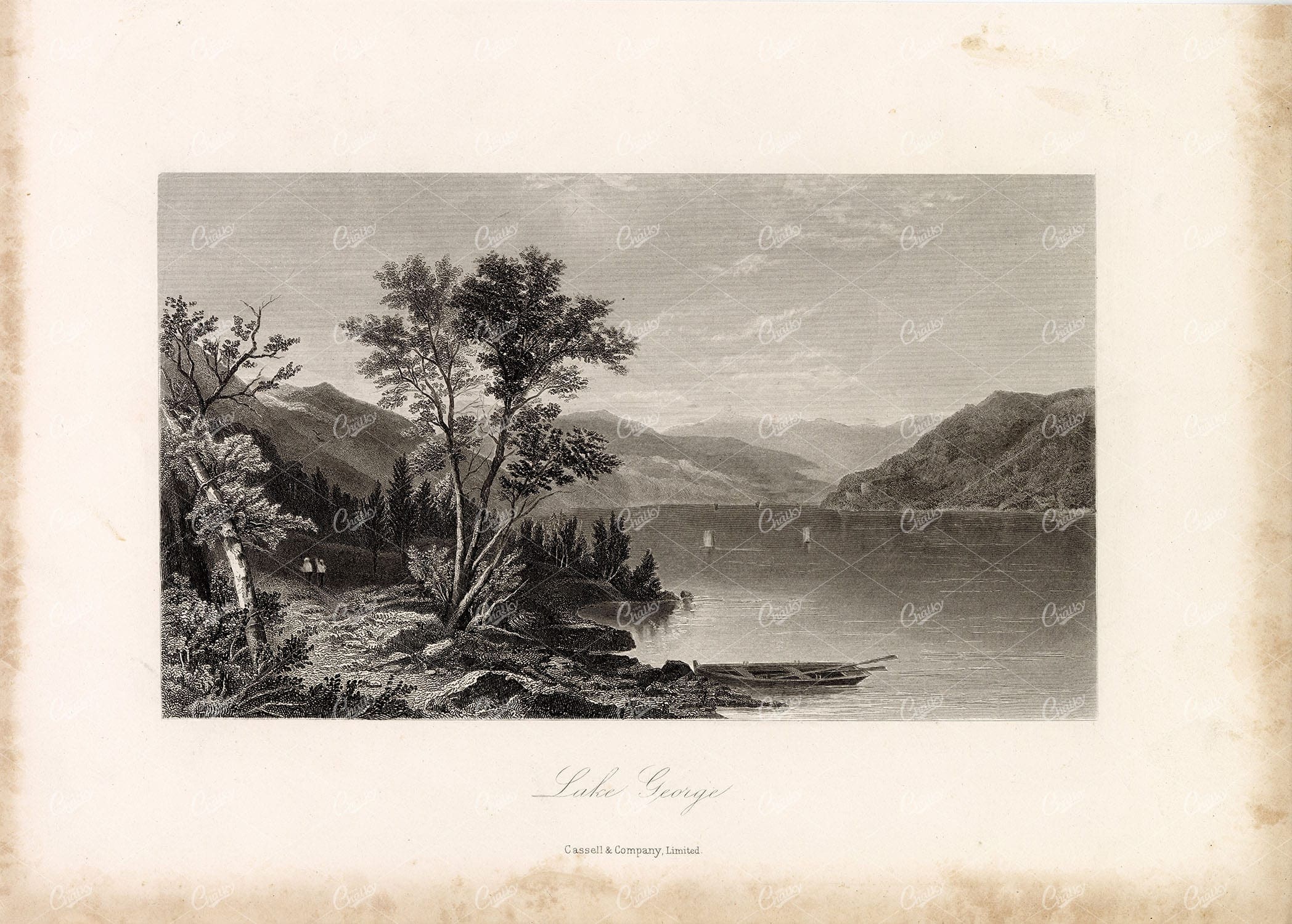 NEW YORK, Lake George - Antique Landscape Engraving 1874