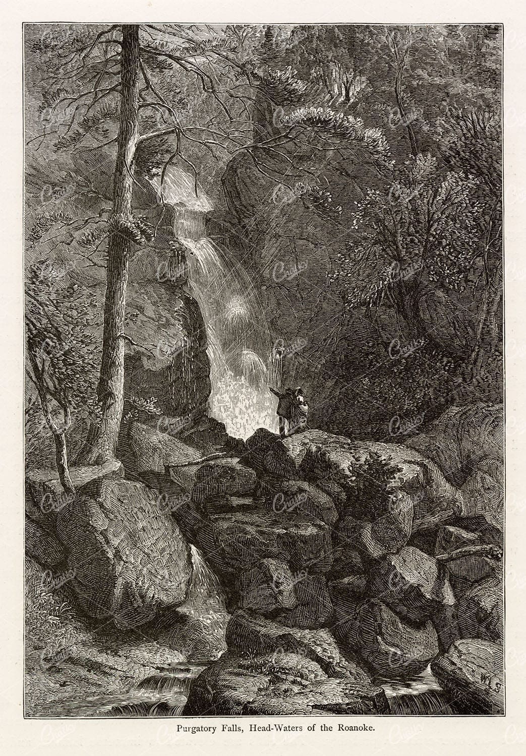 VIRGINIA - Purgatory Falls, Head-Waters of the Roanoke - Antique USA Print