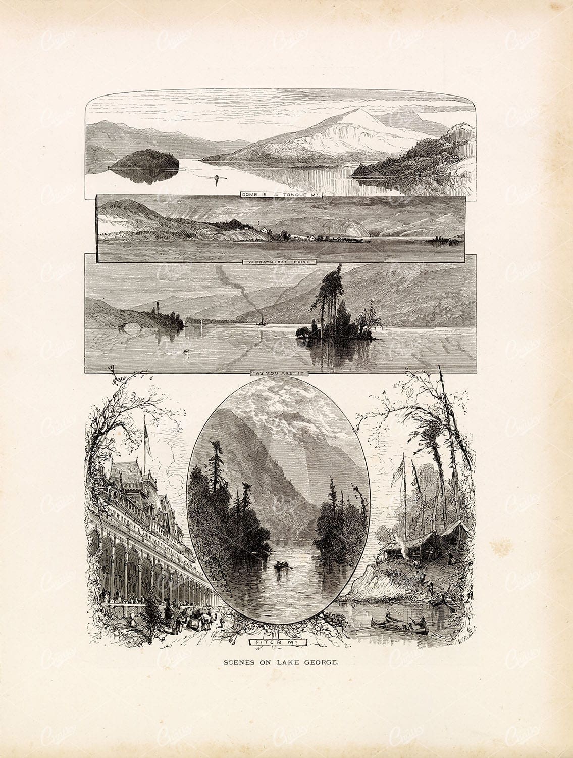 SCENES on Lake George - Antique Landscape Engraving 1874