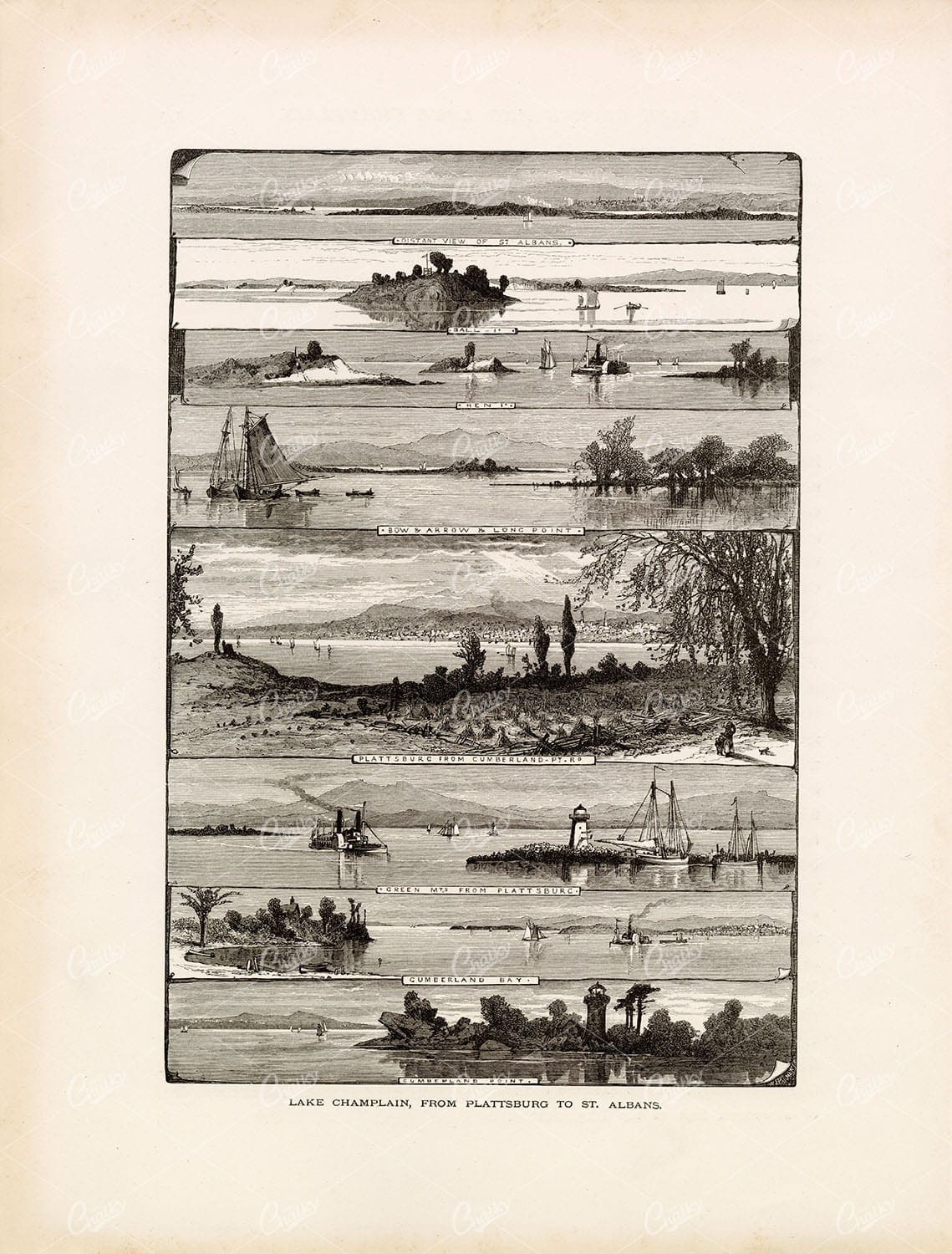 LAKE Champlain from Plattsburg to St. Albans - Antique American Print 1874