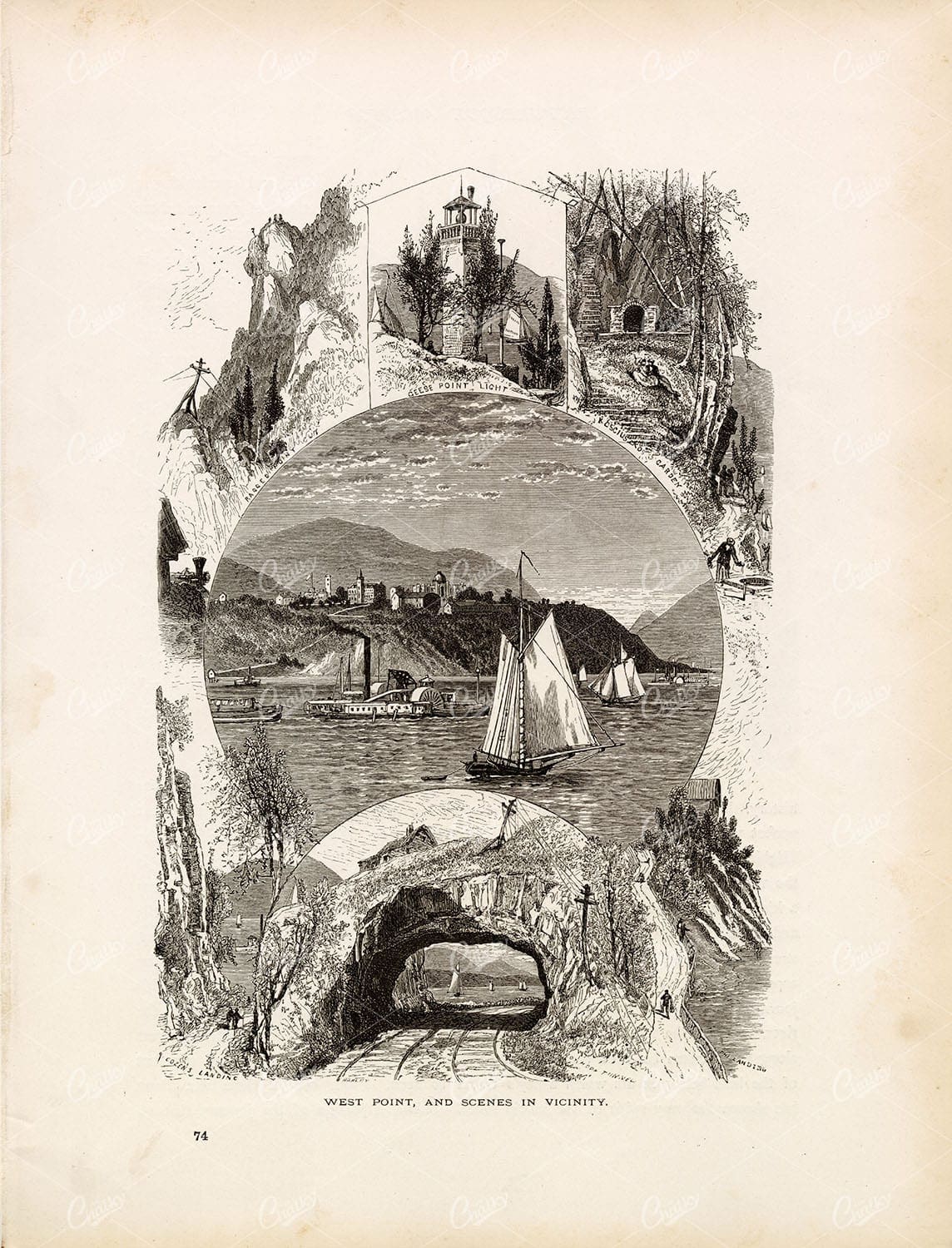 NEW YORK - West Point and Scenes in the Vicinity - Antique 1874 Engraving