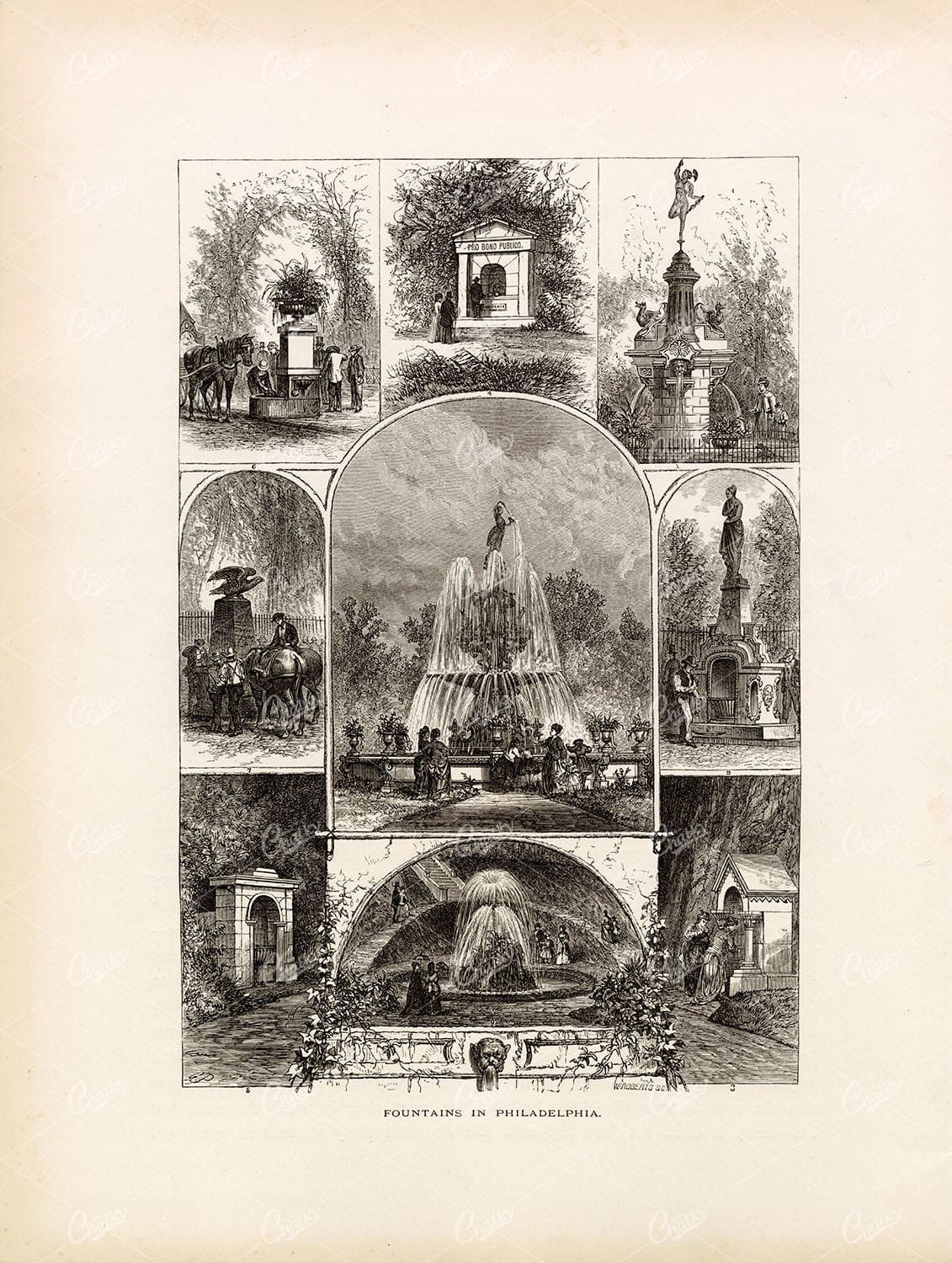 FOUNTAINS in Philidelphia - Picturesque America 1874 Engraving