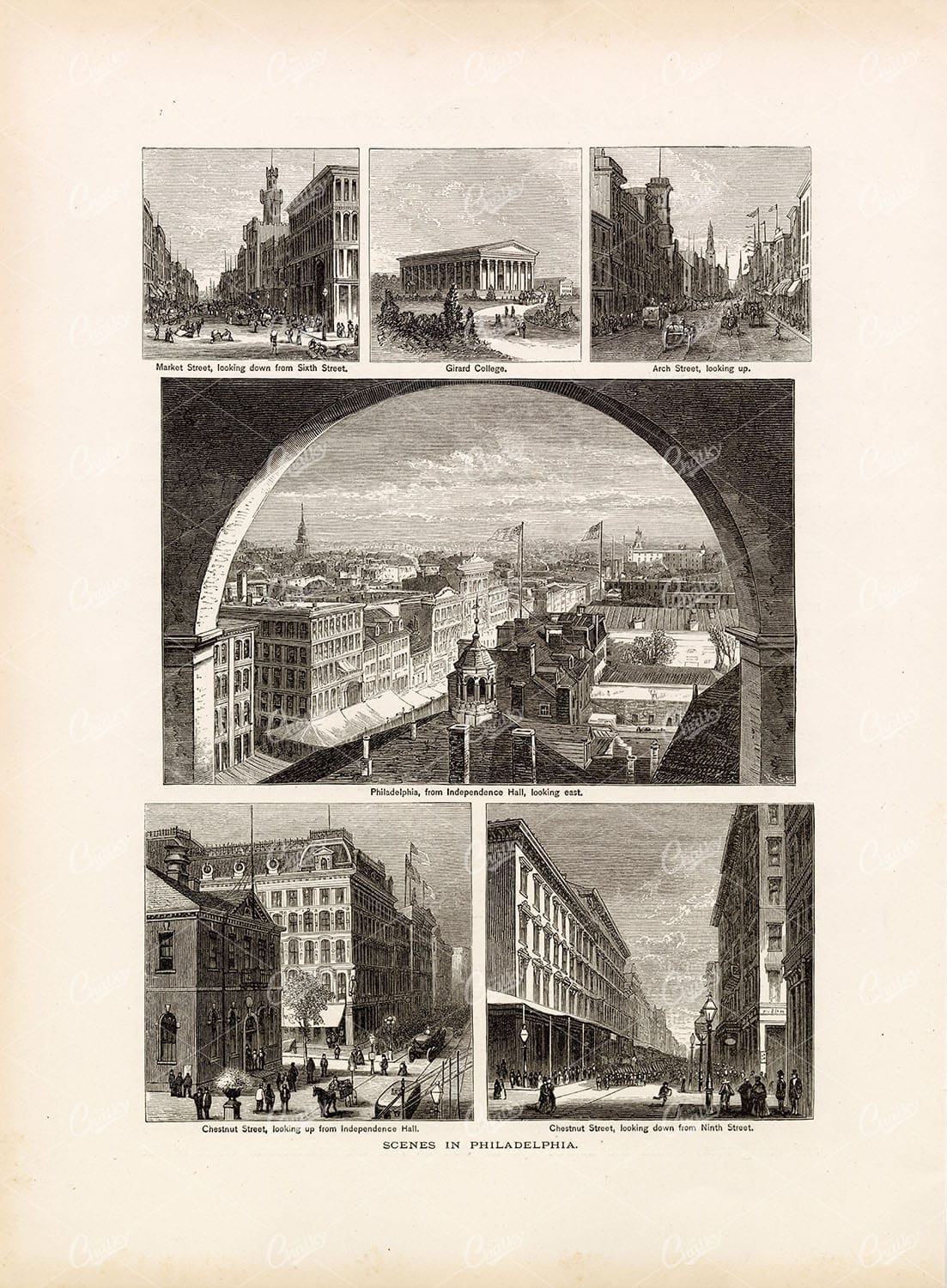 PICTURESQUE Scenes in PHILIDELPHIA - Antique 1874 Engraving