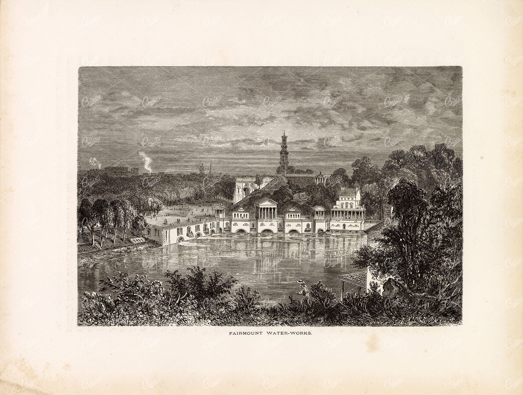 HISTORICAL LANDMARK - Fairmount Water-works Philidelphia - 1874 Print