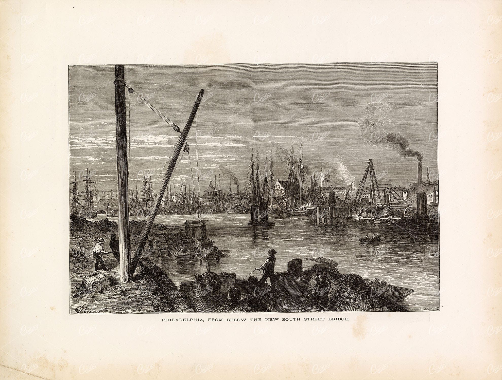 PHILIDELPHIA from Below the NEW SOUTH Street Bridge - Antique 1874 Print