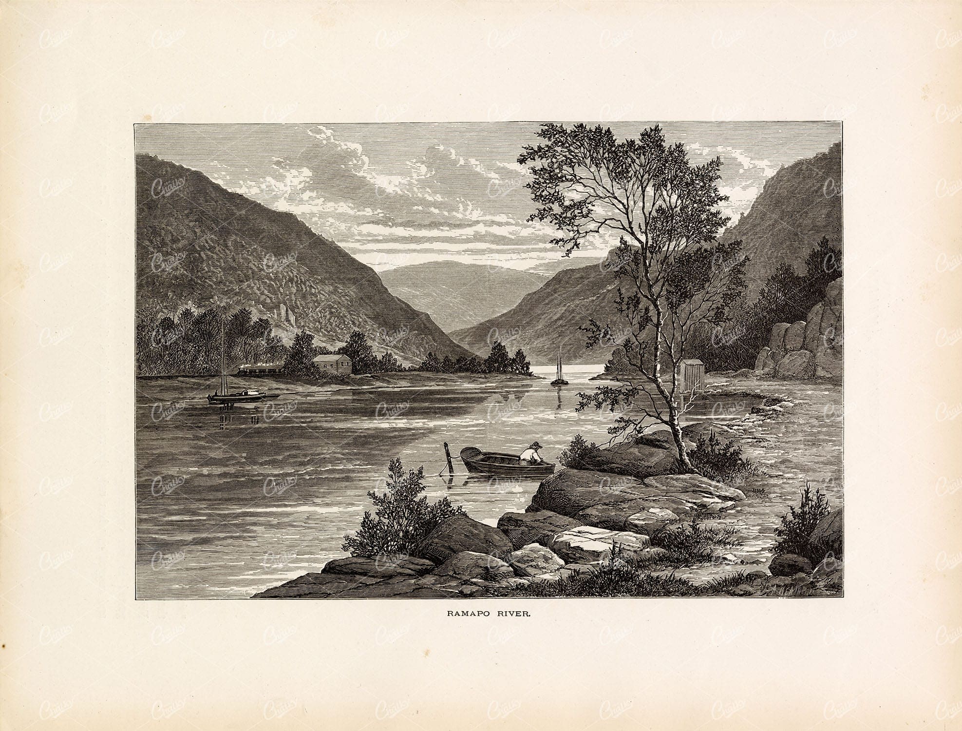 NEW JERSEY - Ramapo River, Man in Boat - Antique Wood Engraving 1874