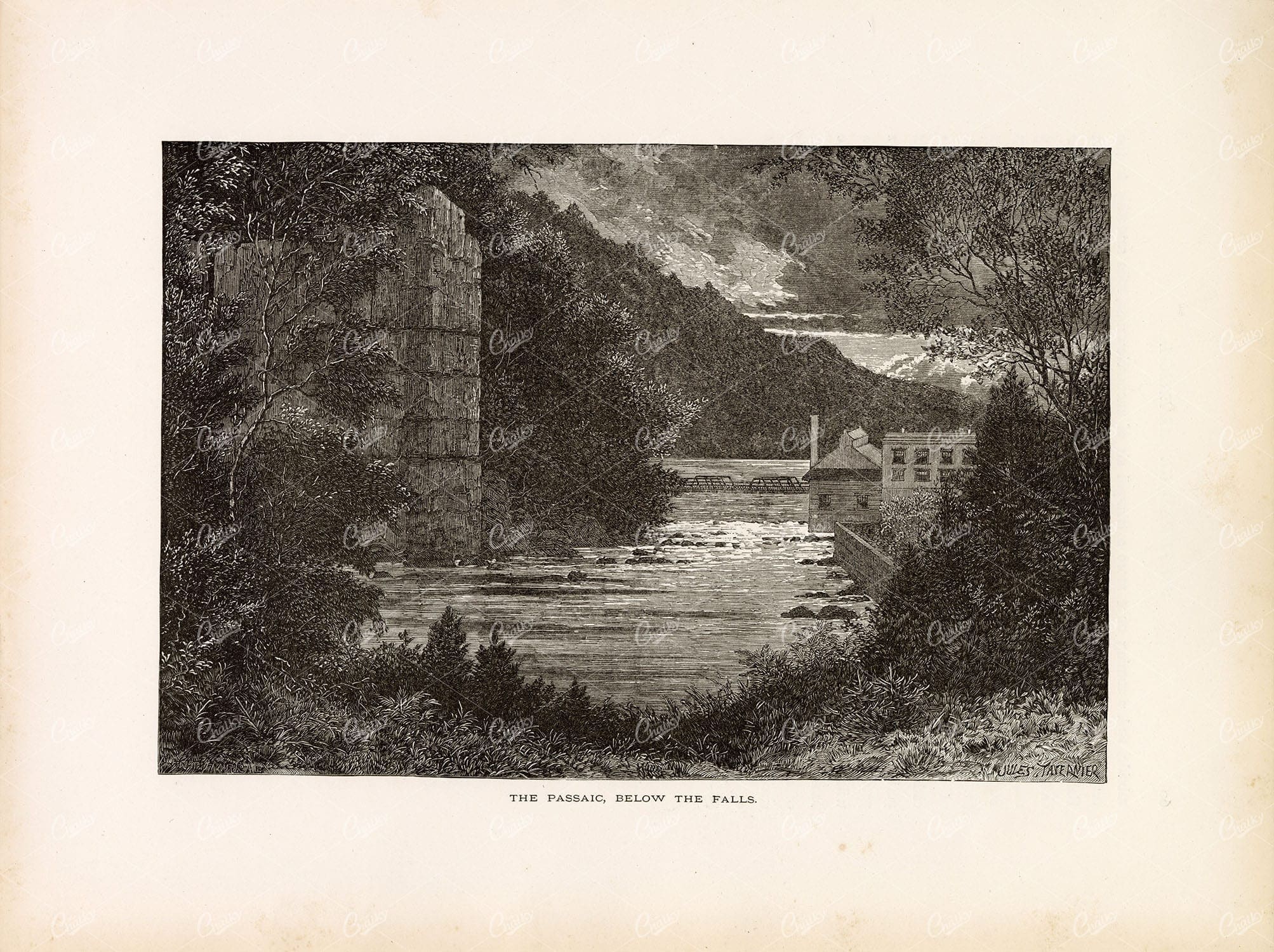 NEW JERSEY - The Passaic River, Below the Falls - Woodcut Landscape