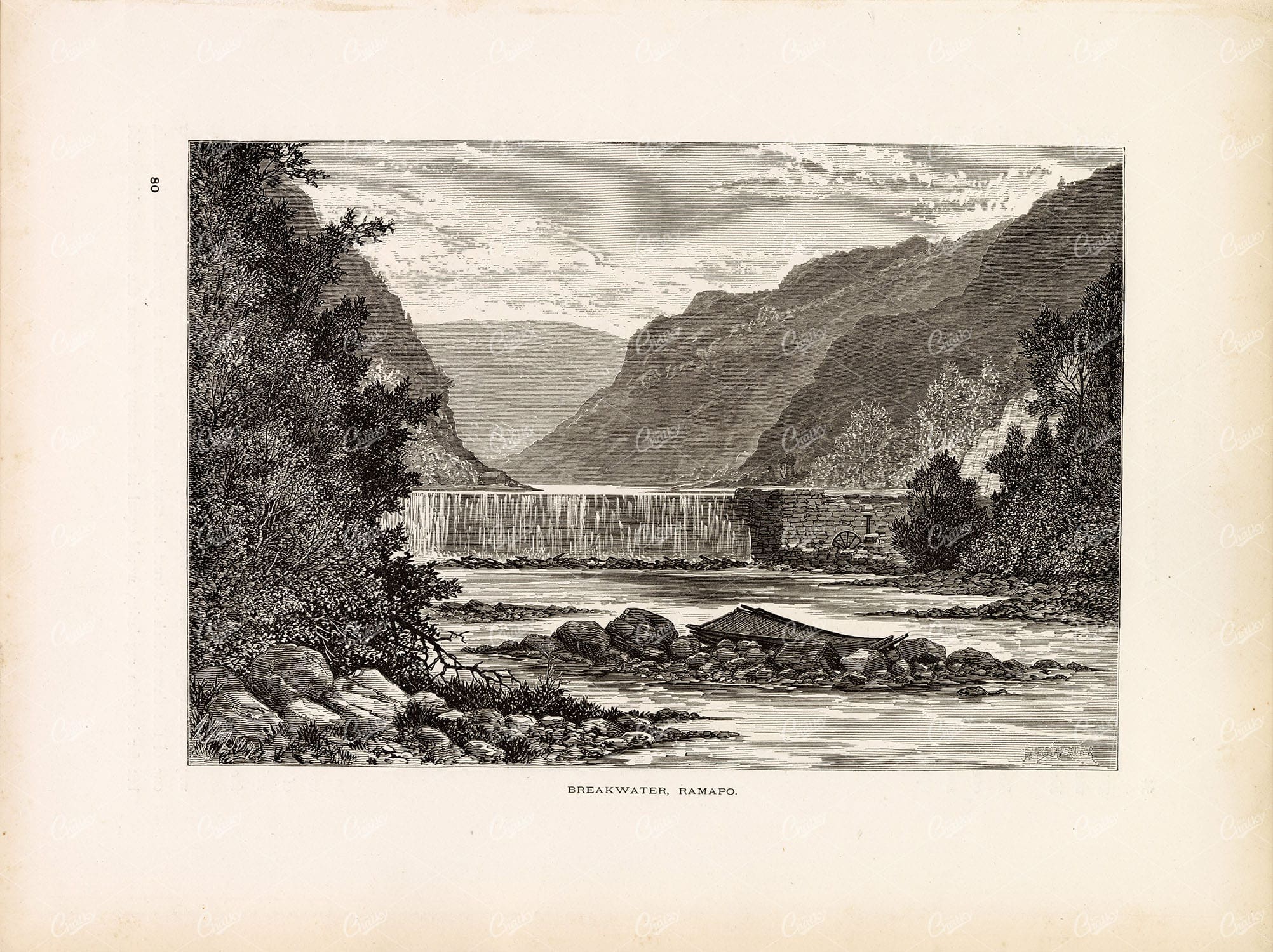 NEW JERSEY - Breakwater at Ramapo Riber - Antique Engraving Art 1874