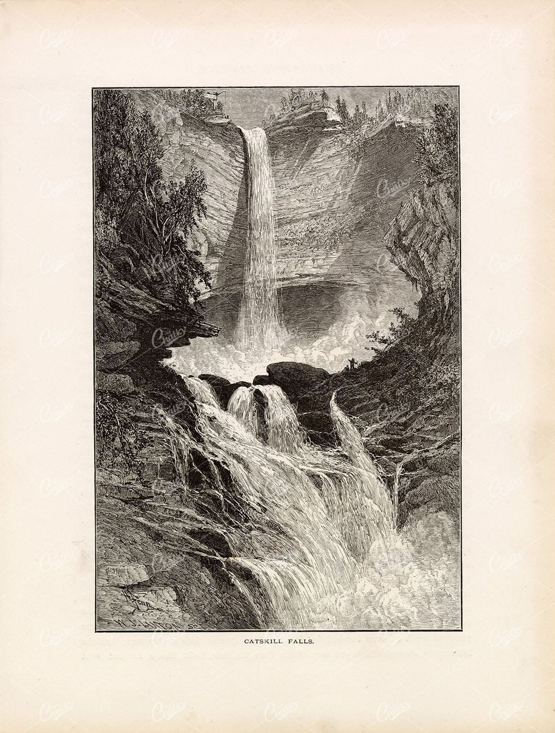 NEW YORK - Catskill Falls - Antique American Engraved Print 1874