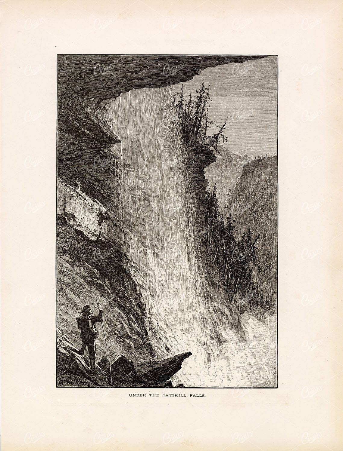 NEW YORK - Under the Catskill Falls - Antique American Print 1874