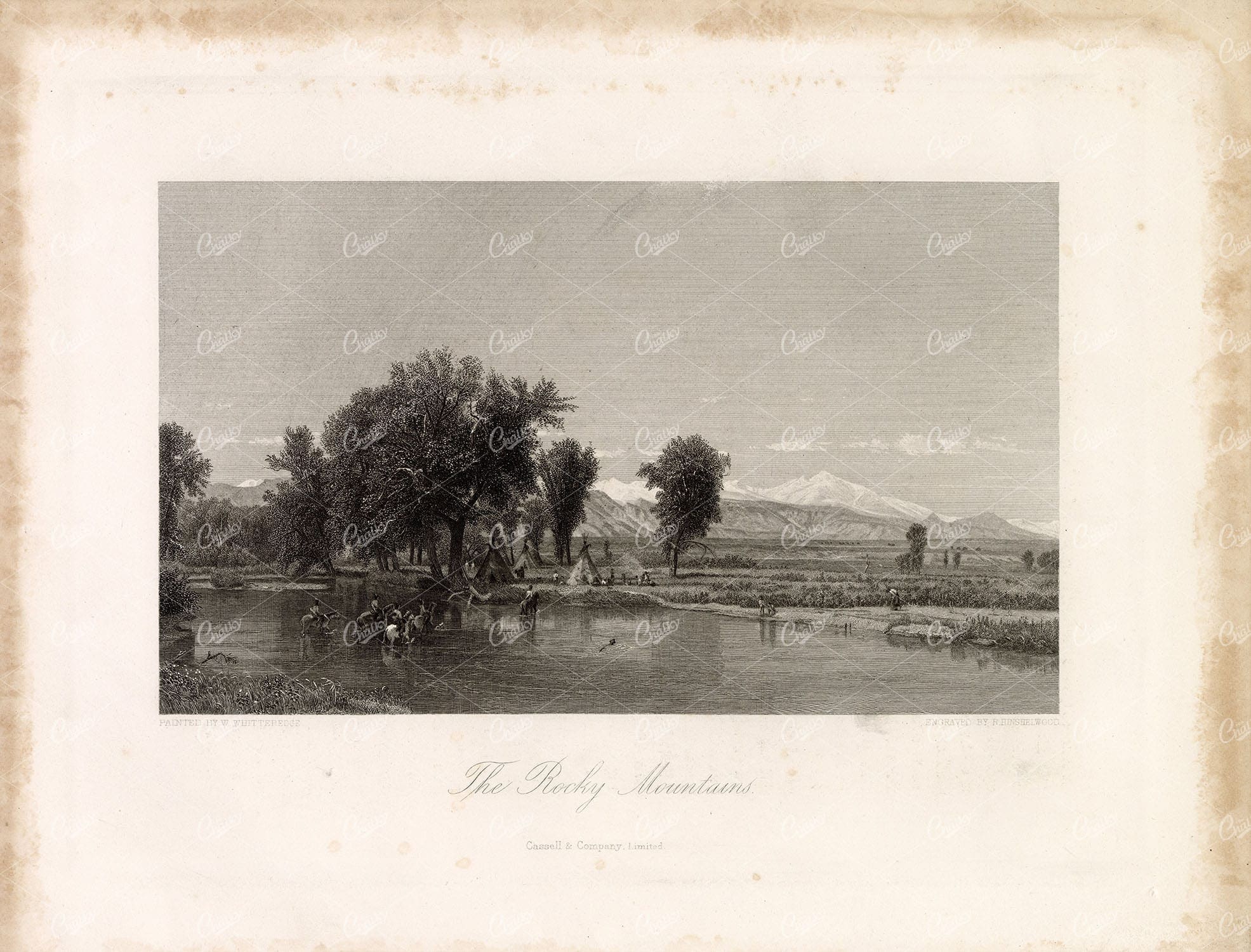 VIEW of The ROCKY MOUNTAINS w/ Natives, Teepee, Horses, River