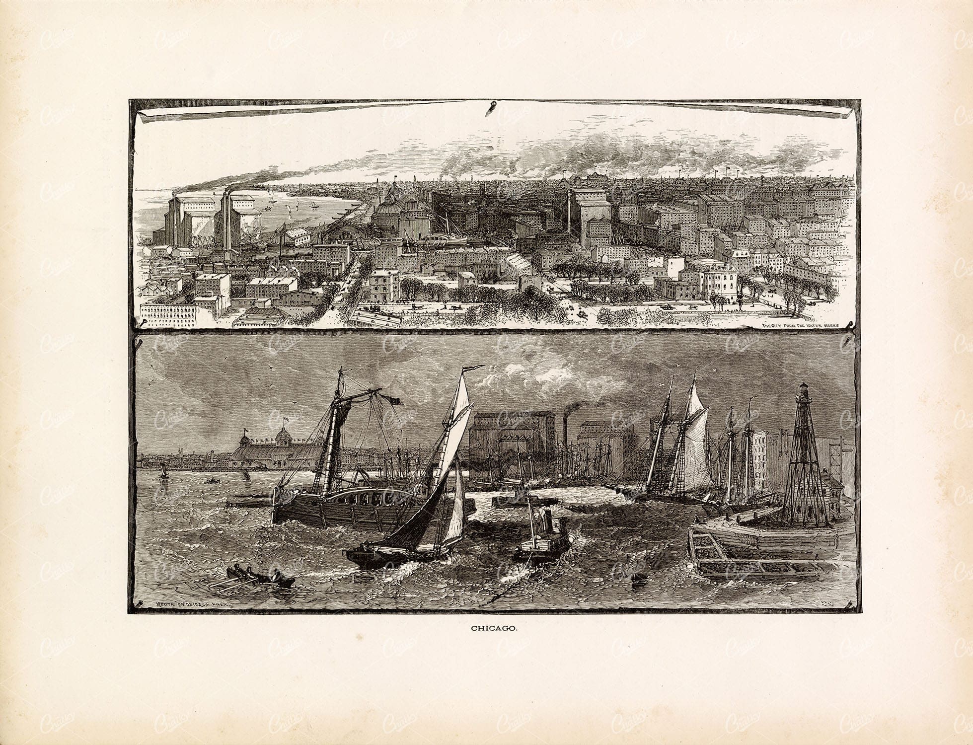 VIEW OF CHICAGO - Picturesque America - Antique 1874 Engraving Print