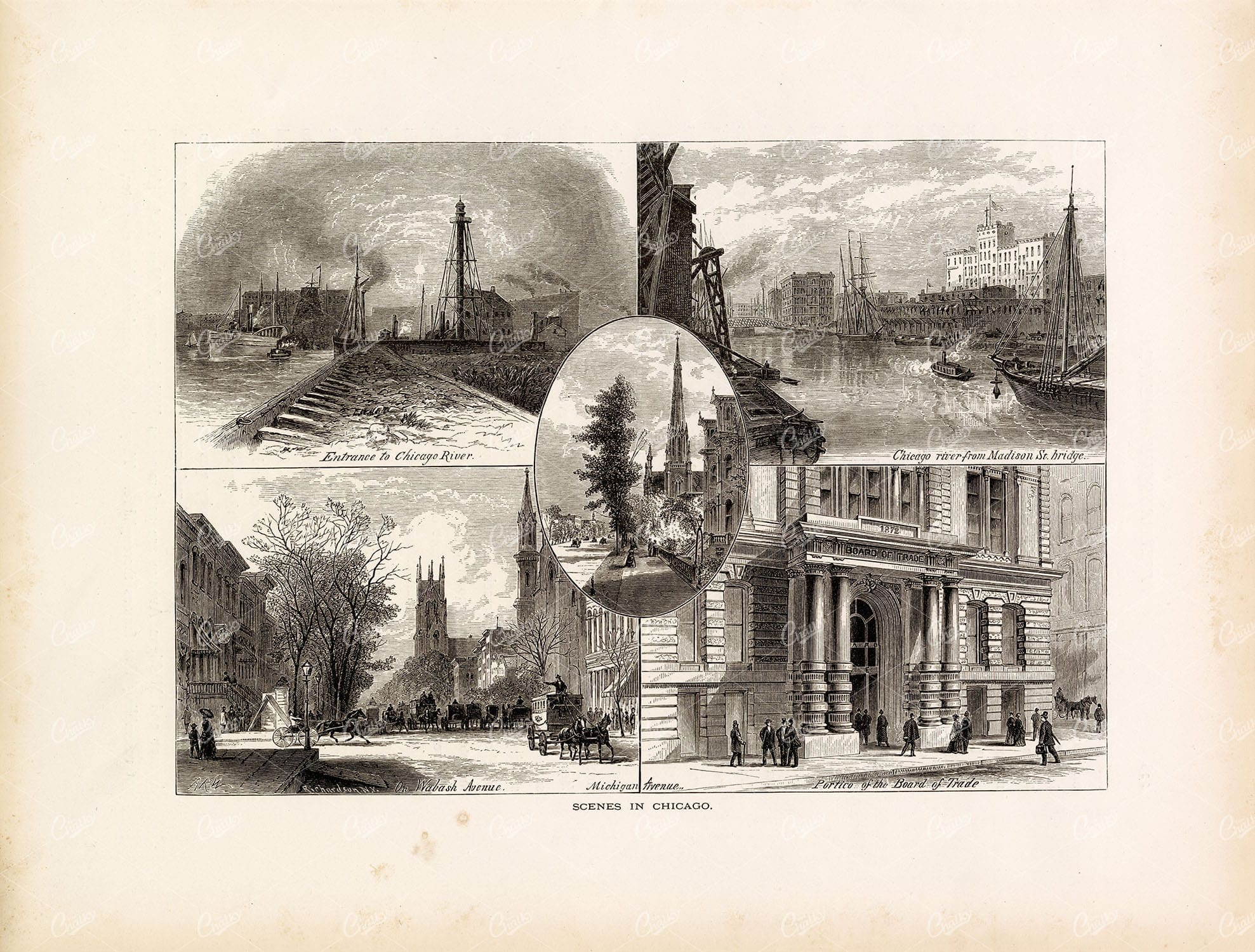 SCENES IN CHICAGO - Picturesque America - Antique 1874 Engraving