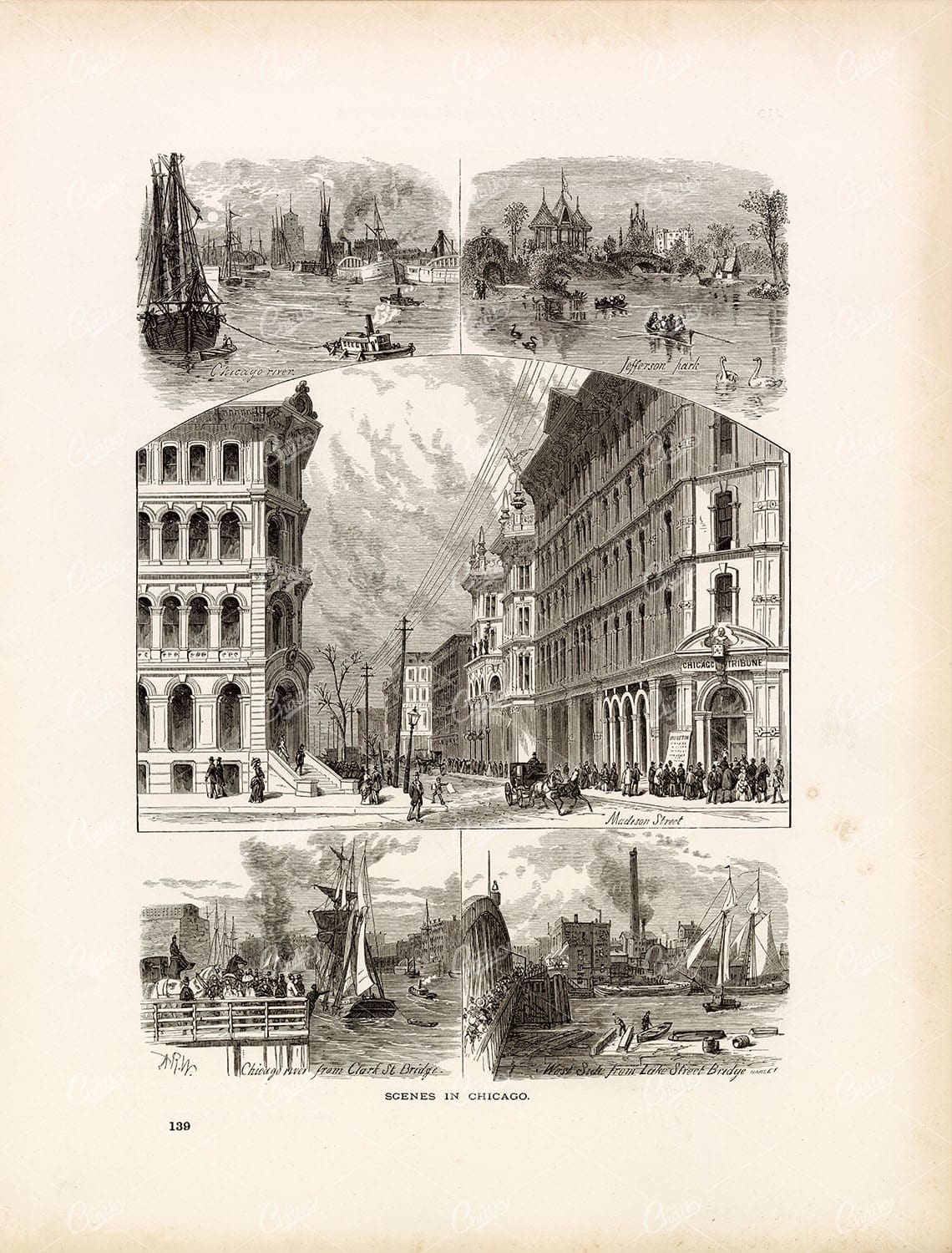 SCENES IN CHICAGO - Picturesque America - Antique 1874 Original Print