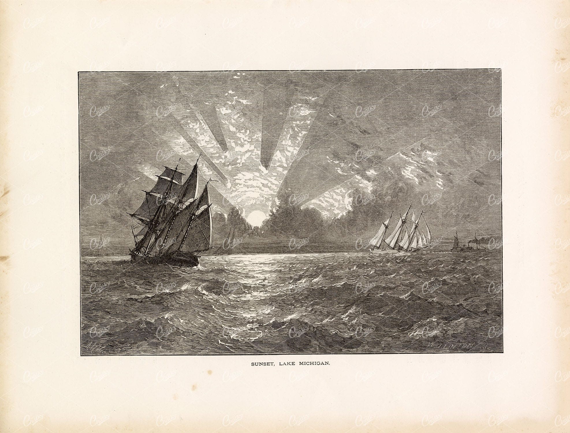 SUNSET over Lake MICHIGAN w/ Sail Boats - Original 1874 Antique Print