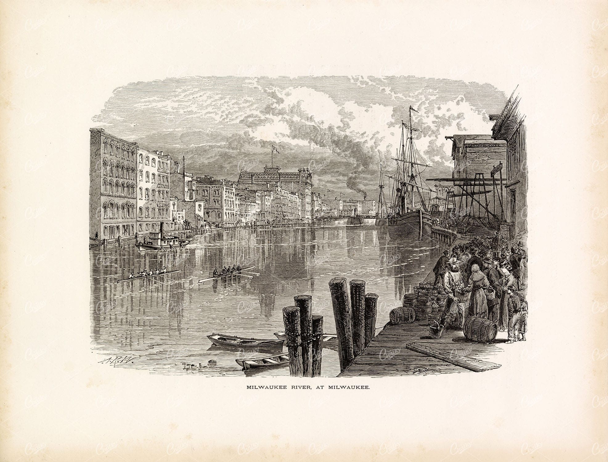 MILWAUKEE River w/ Locals, Sailboats, Row Boats - Original Antique Print