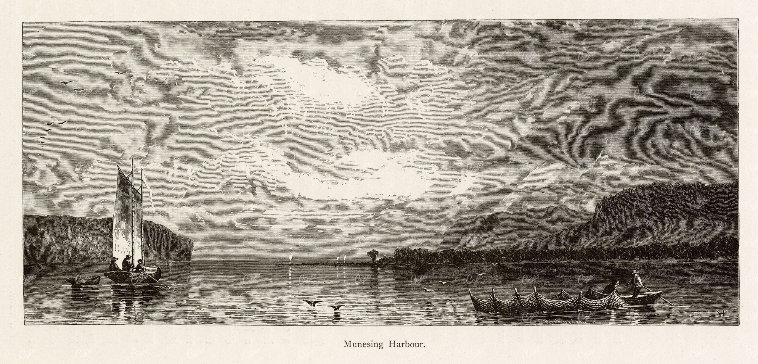 MUNESING HARBOUR, Lake Superior, Minnesota, American Victorian Engraving