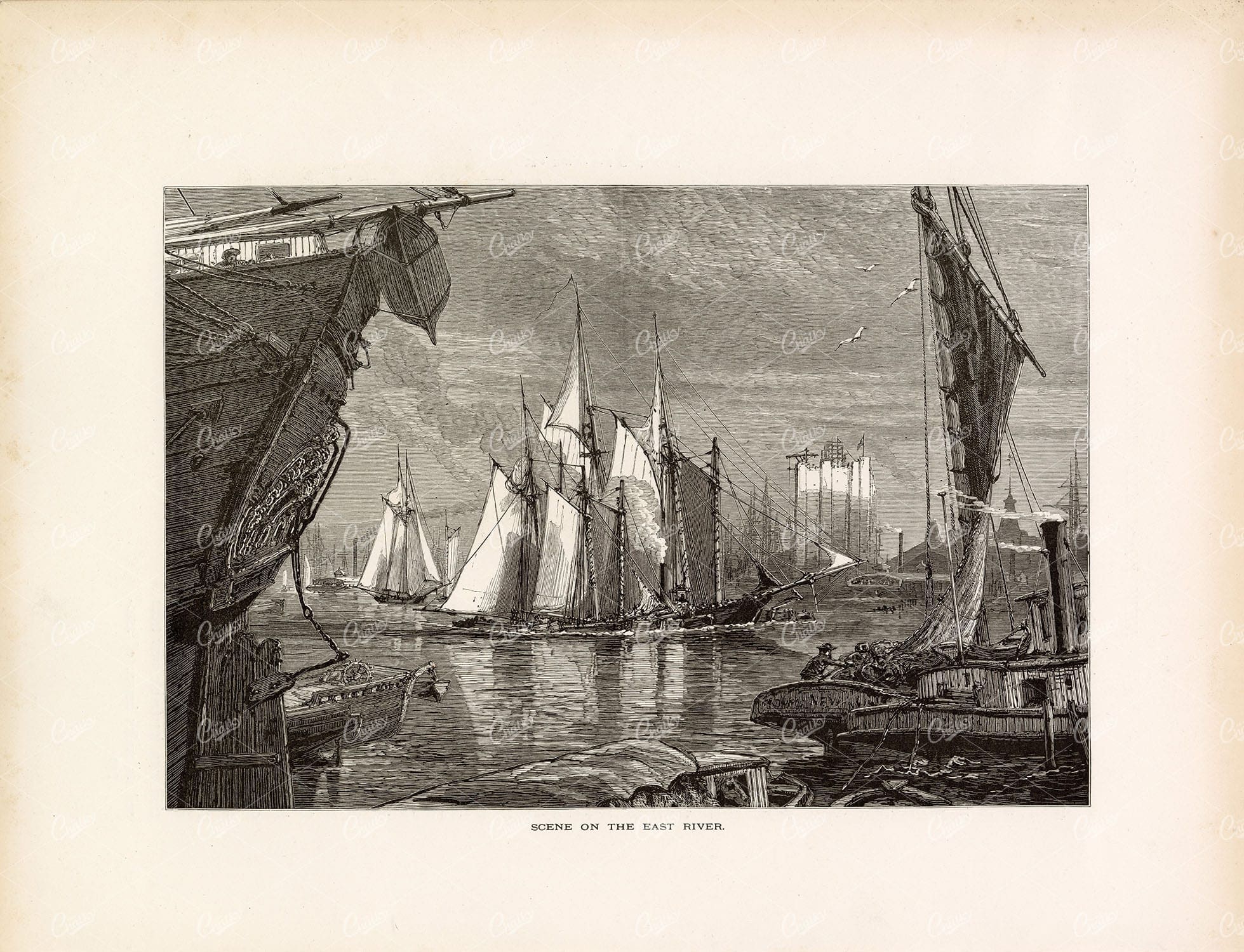 NEW YORK - Ships in the Port - Scene on the East River - Antique Engraving